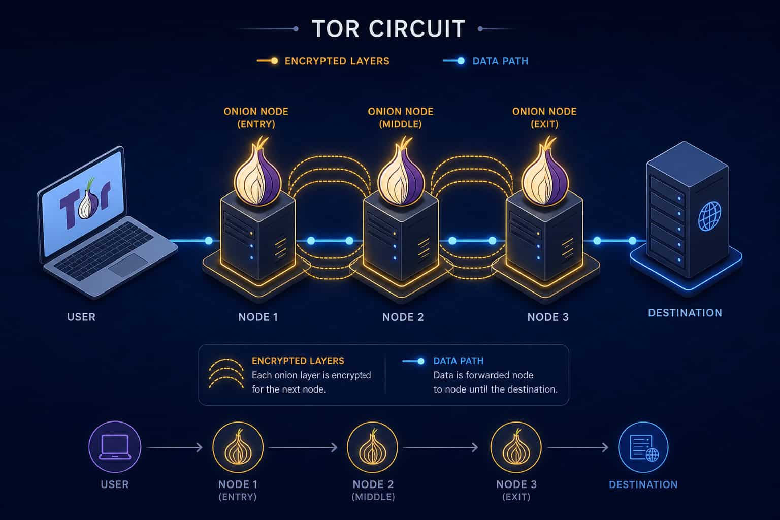 Isometric diagram of a Tor circuit showing three relay nodes routing traffic for anonymity.
