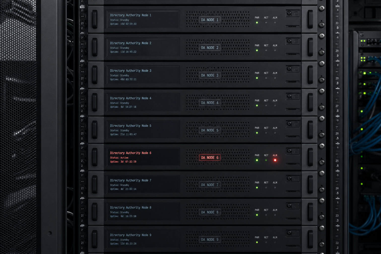 Server rack with one glowing directory authority node among nine, highlighting Tor's centralization risk.