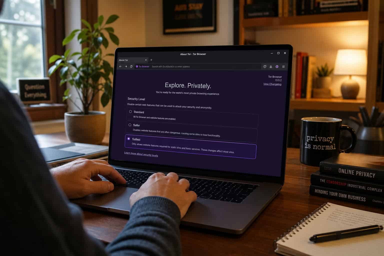 Person using Tor Browser with Safest security level enabled for legal privacy protection at home.