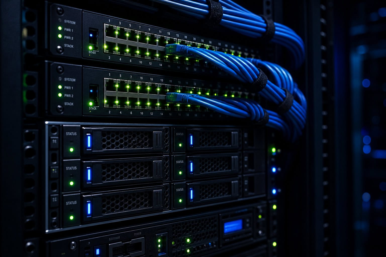 Server rack in a data center illustrating timing analysis attacks that correlate Tor entry and exit nodes.
