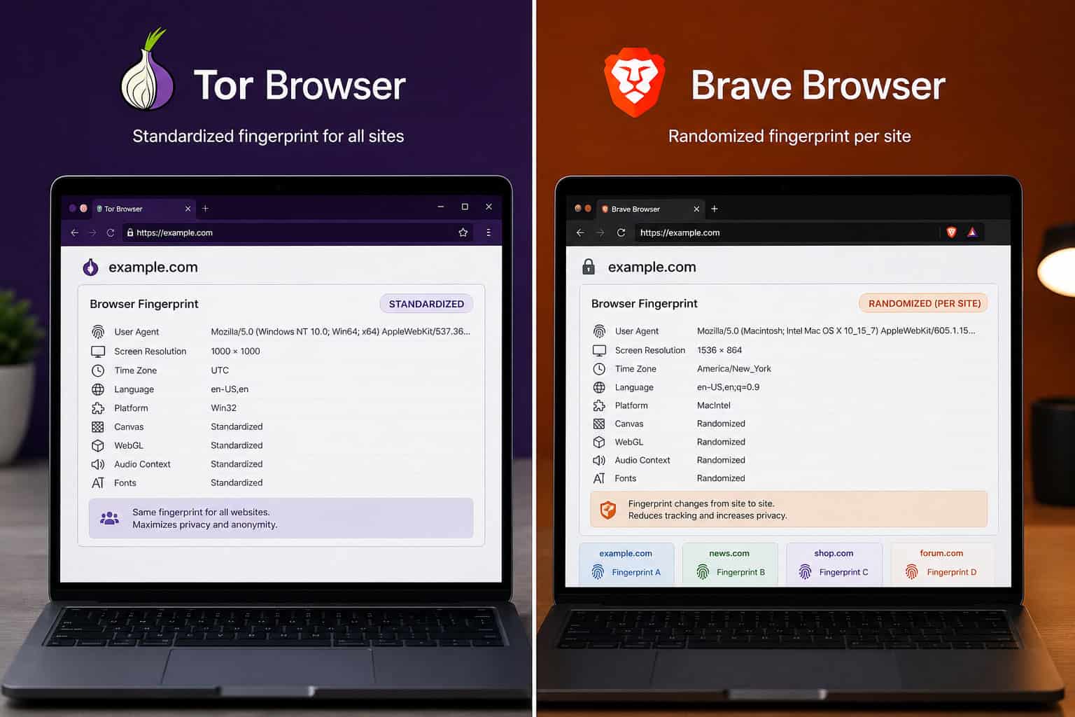 Comparison of Tor Browser standardization versus Brave randomization anti-fingerprinting strategies