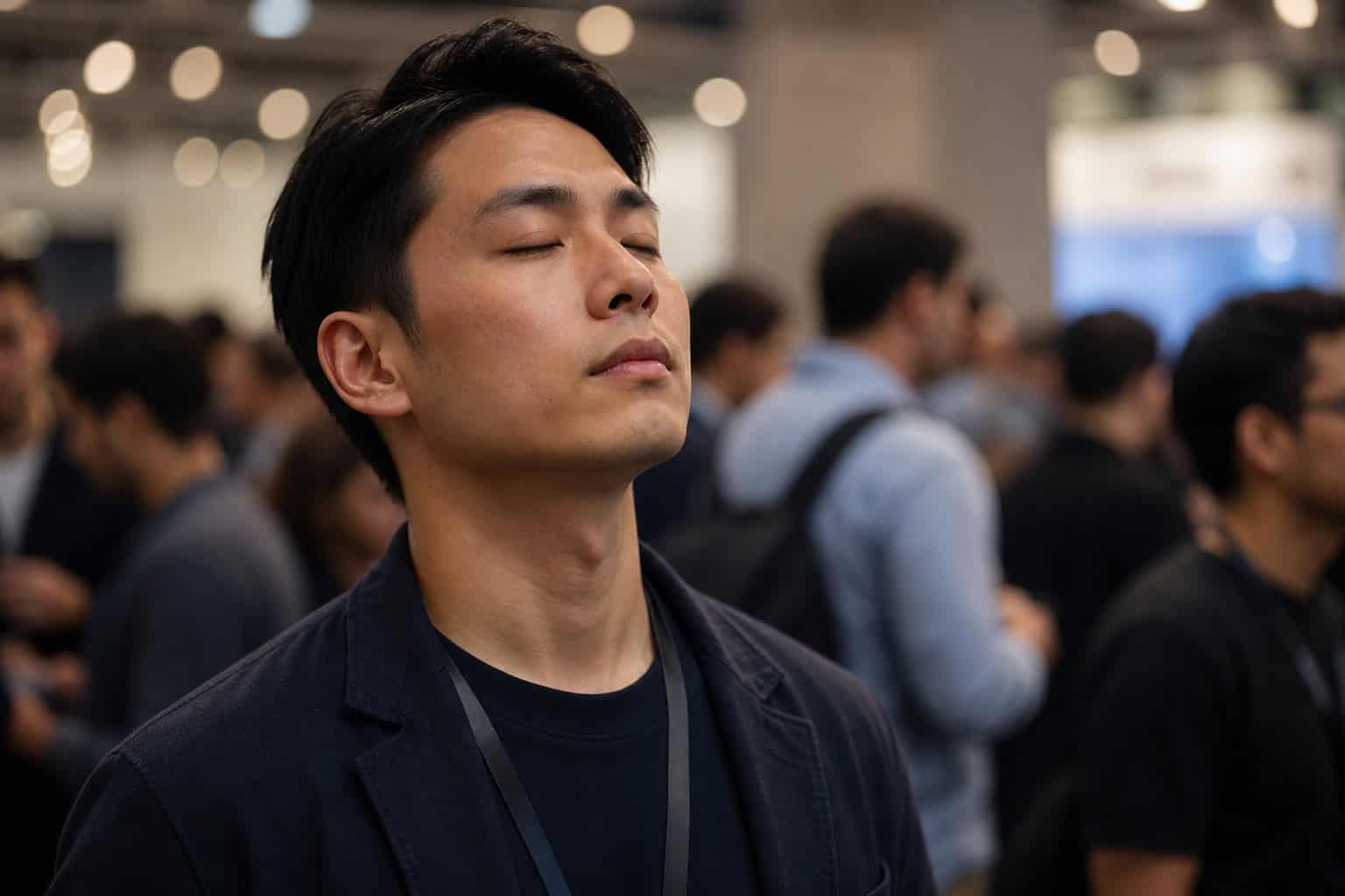 How To Make Friends As A Geek: Why Sandboxes Beat Social Mixers 3 Young Asian man with closed eyes, meditating or relaxing amidst a crowd at a tech conference or event.