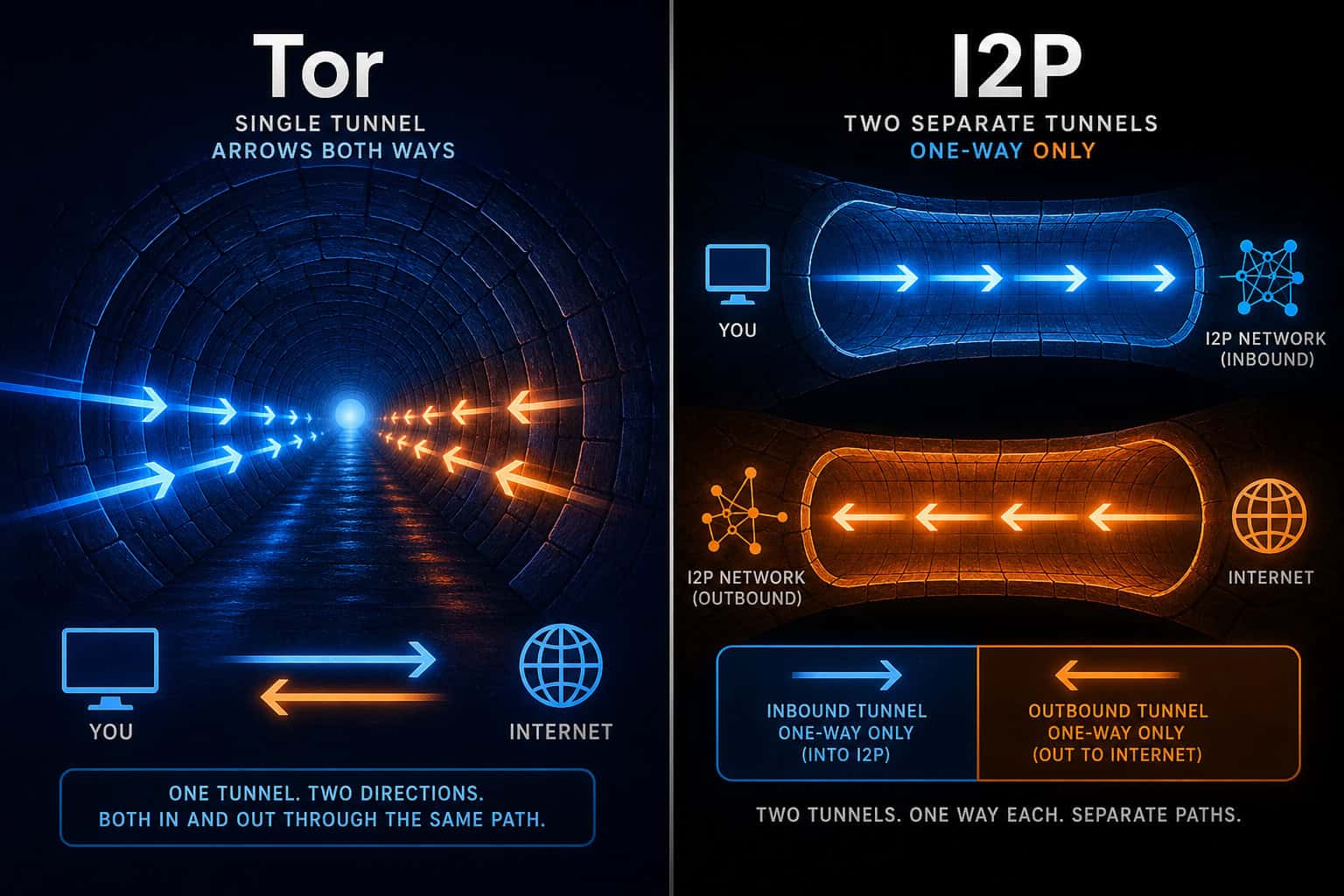 Comparison of I2P unidirectional tunnels versus Tor bidirectional circuits in a split-screen illustration.