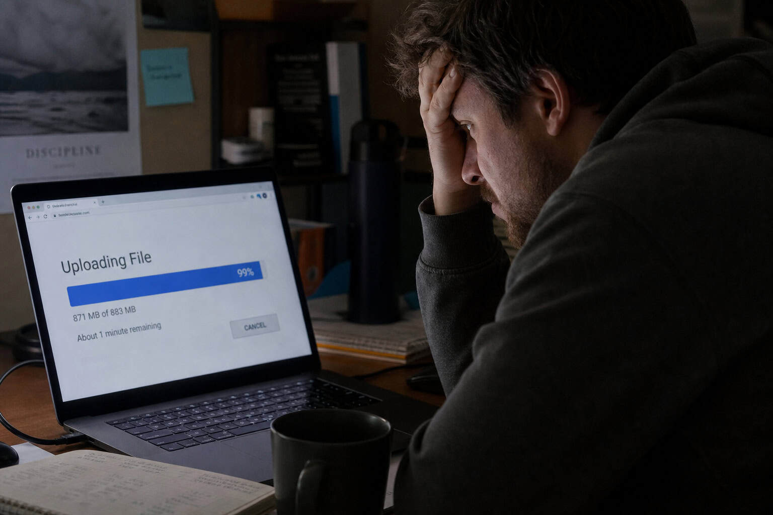 ProjectSend vs WeTransfer: Why Self-Hosted File Sharing Wins 2 Person frustrated by a file upload stuck at 99 percent on a laptop screen.