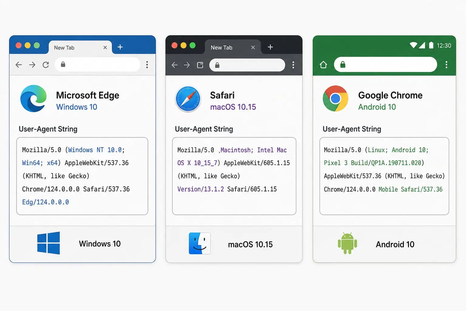 Tor Browser user-agent spoofing standardizing operating system strings to Windows 10, macOS 10.15, and Android 10
