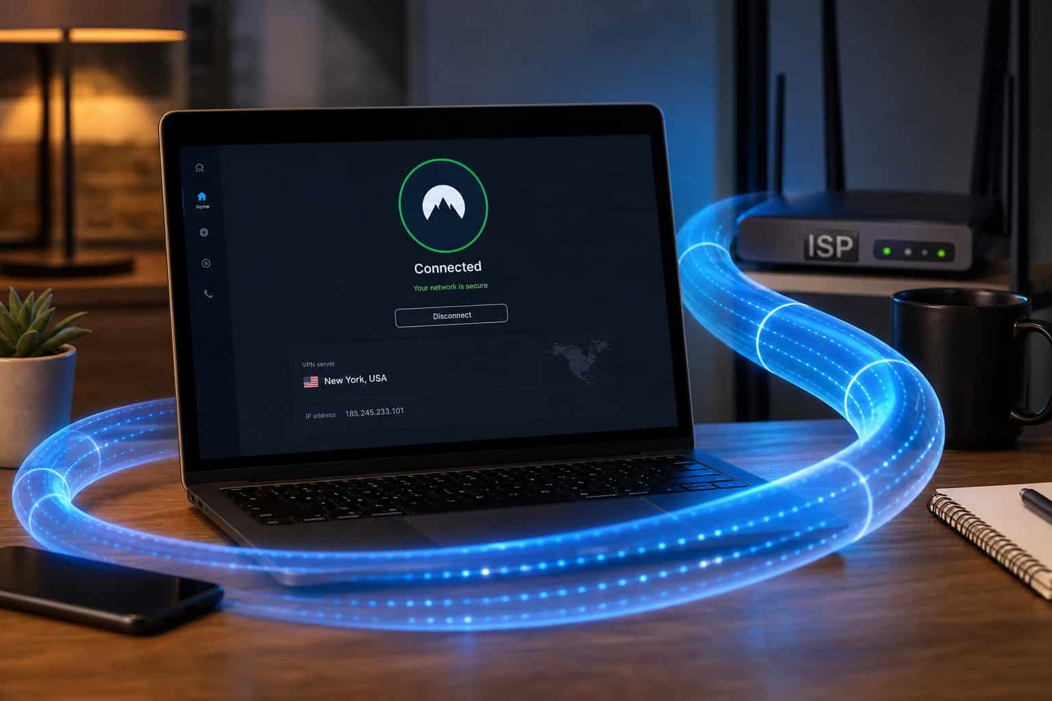 VPN hiding I2P traffic from ISP showing encrypted tunnel around laptop