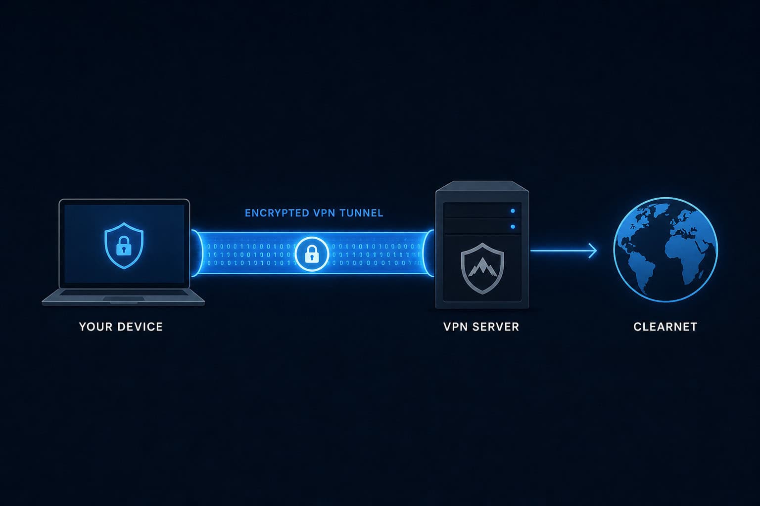 VPN single encrypted tunnel diagram from laptop to server to clearnet