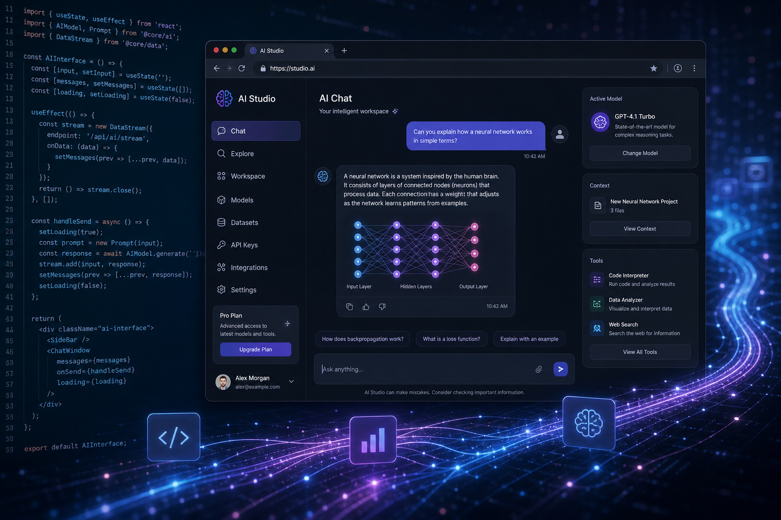 GPU Poor vs. GPU Rich: Why VRAM Is the Only Currency That Matters 6 Interactive AI chat interface showcasing neural network visualization and GPT-4 Turbo features for enhanced AI communication and development.