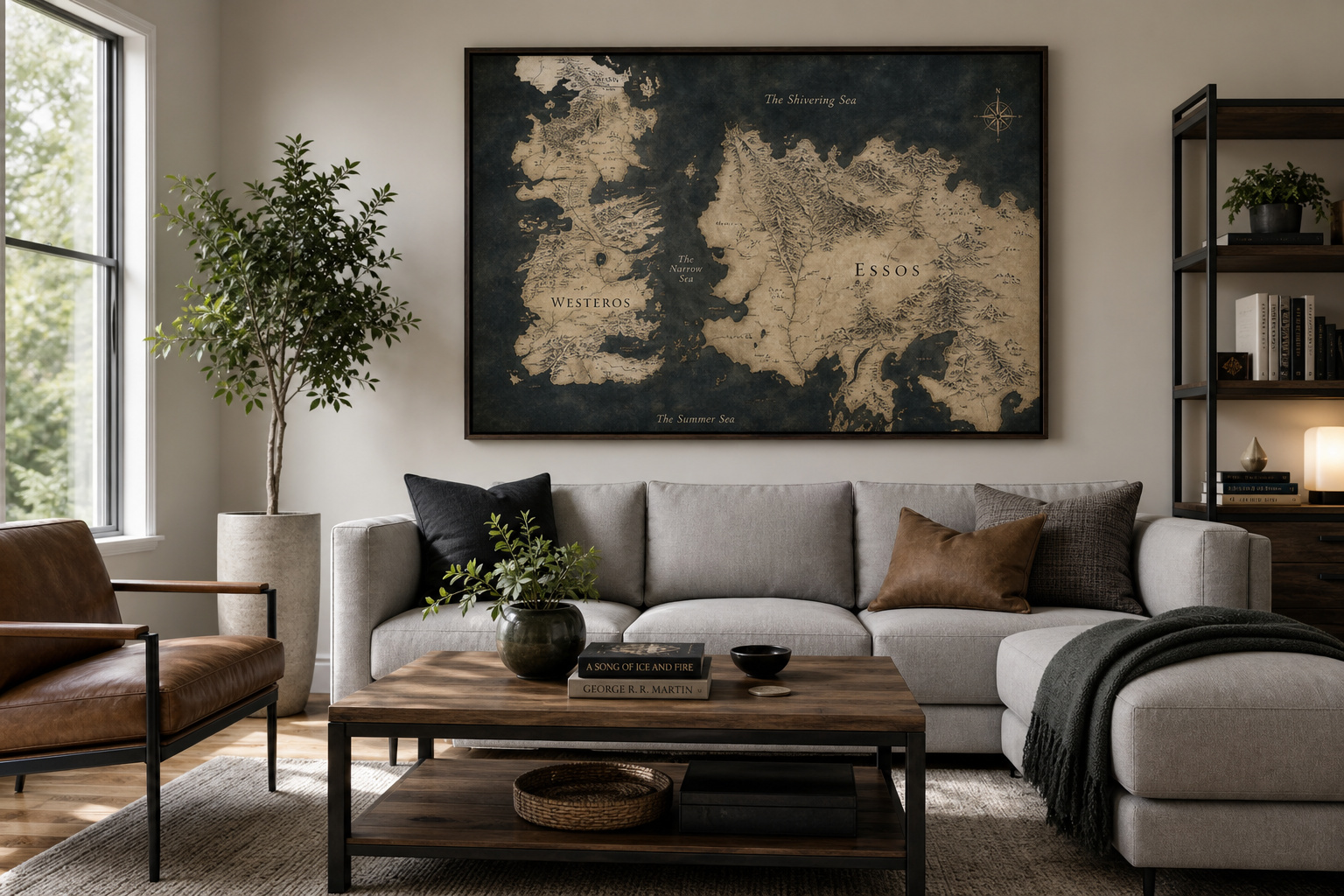 Framed canvas map of Westeros and Essos displayed on a living room wall