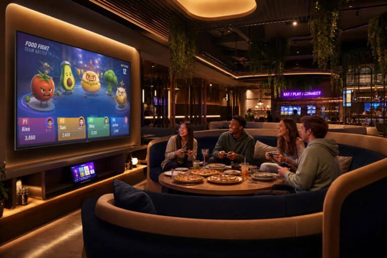 Group of friends playing video games together in a stylish, modern gaming lounge with a large screen displaying a food fight game.