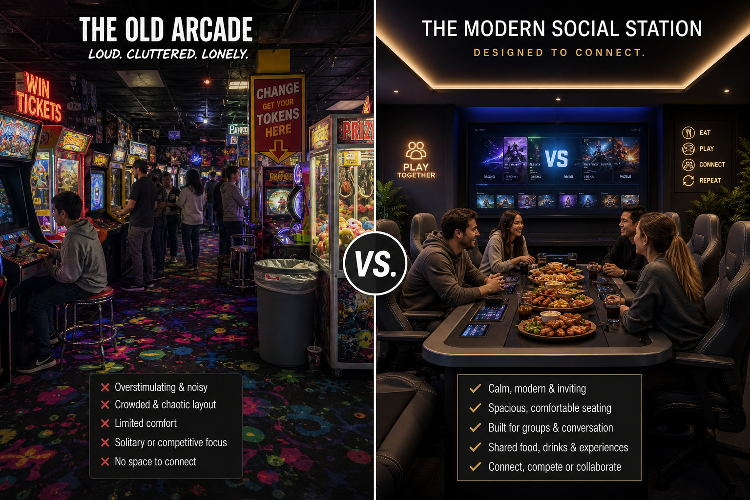 What Is Social Gaming? Reconciling Digital Bonds and Physical Venues 4 Side-by-side images of an old arcade filled with colorful machines and a modern social gaming station with a large screen and group of players.