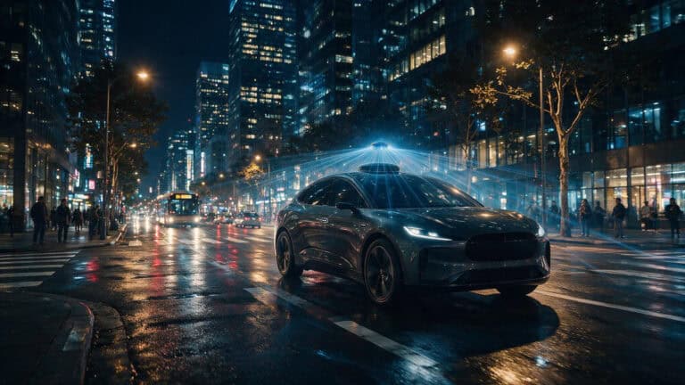 Autonomous vehicle driving through a city at night with lidar sensors active