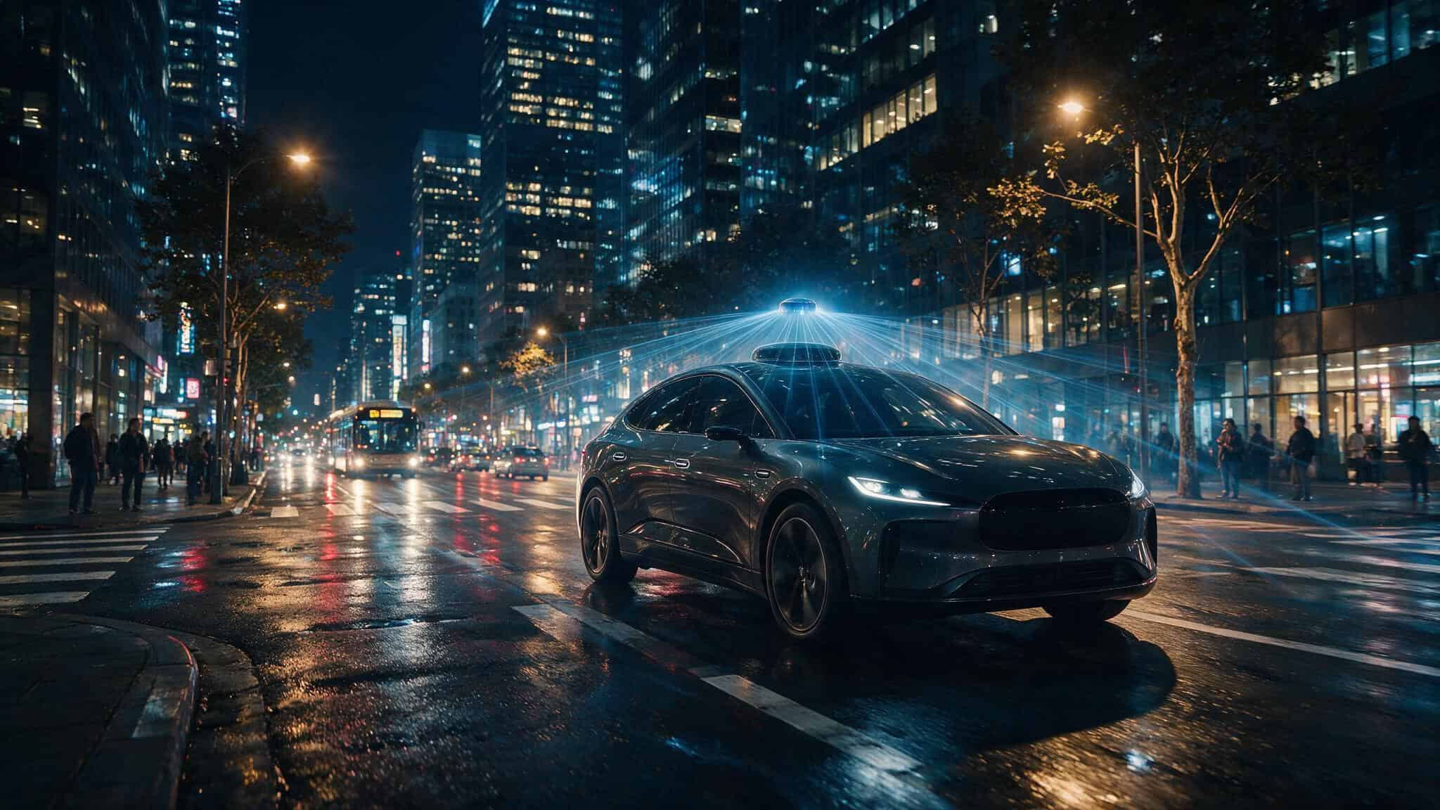 Autonomous vehicle driving through a city at night with lidar sensors active