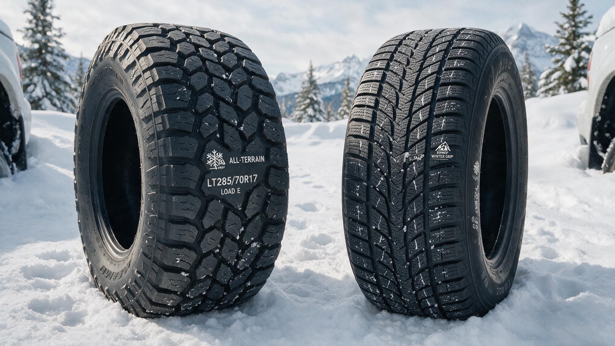 3PMSF rated all-terrain tire and winter tire side by side on snow showing rating differences.