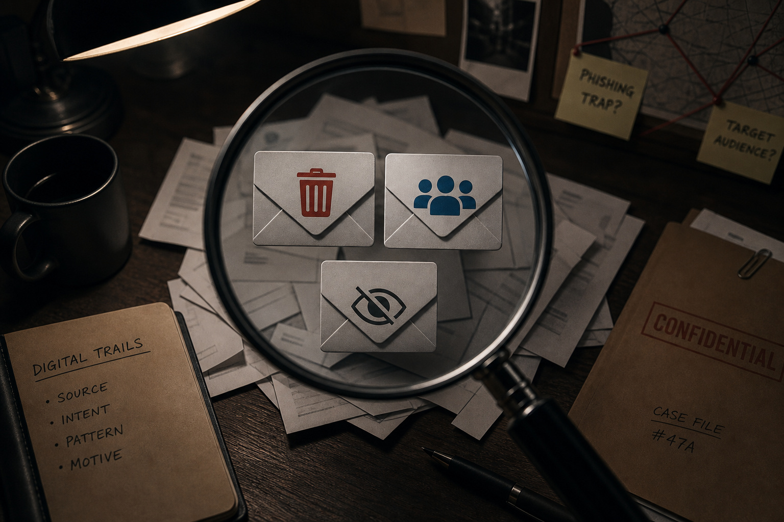 How to Check if an Email is Valid Without Sending: SMTP, DNS & Free Tools 8 Magnifying glass over emails with trash, group, and trap icons for advanced email detection