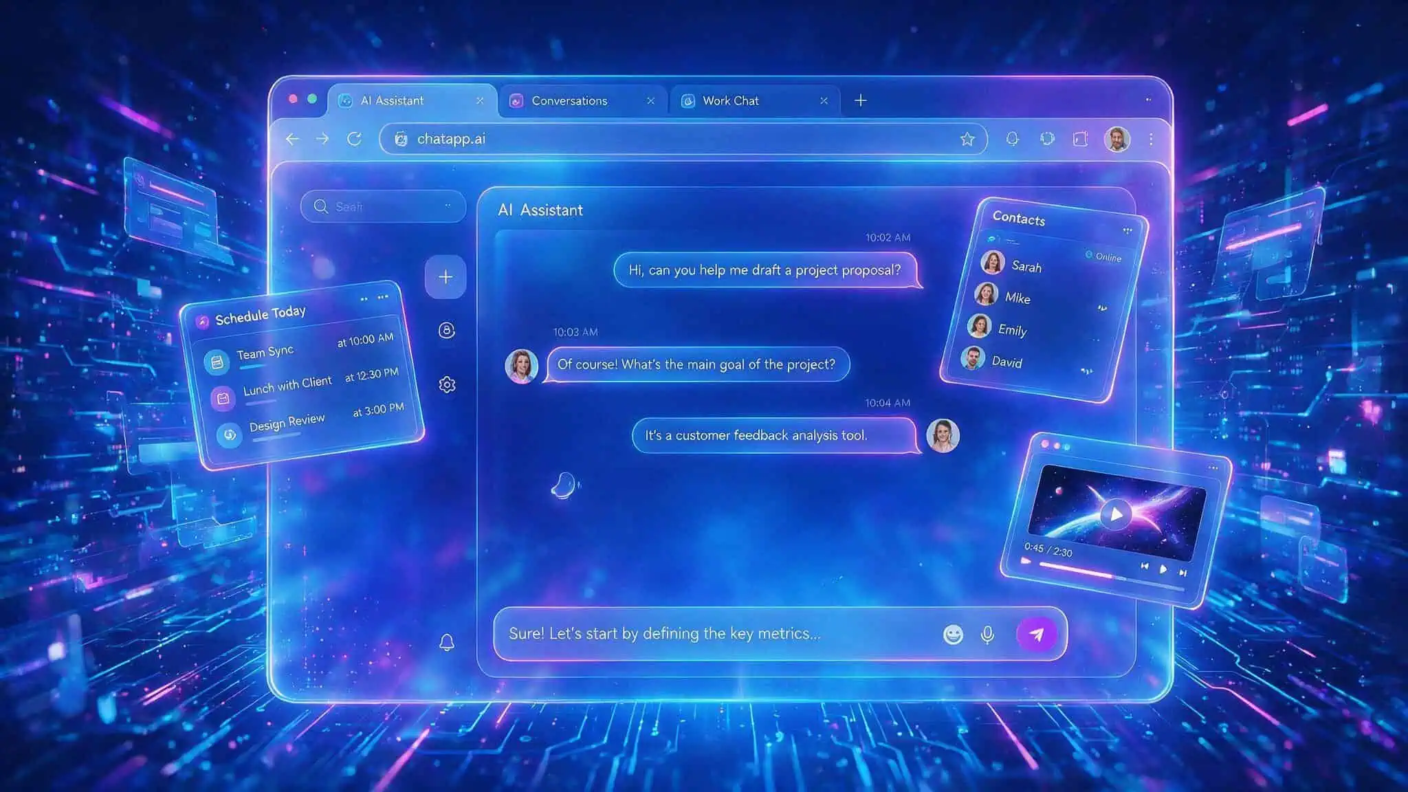 Browser window morphing into a chat interface with floating UI panels representing the agentic web