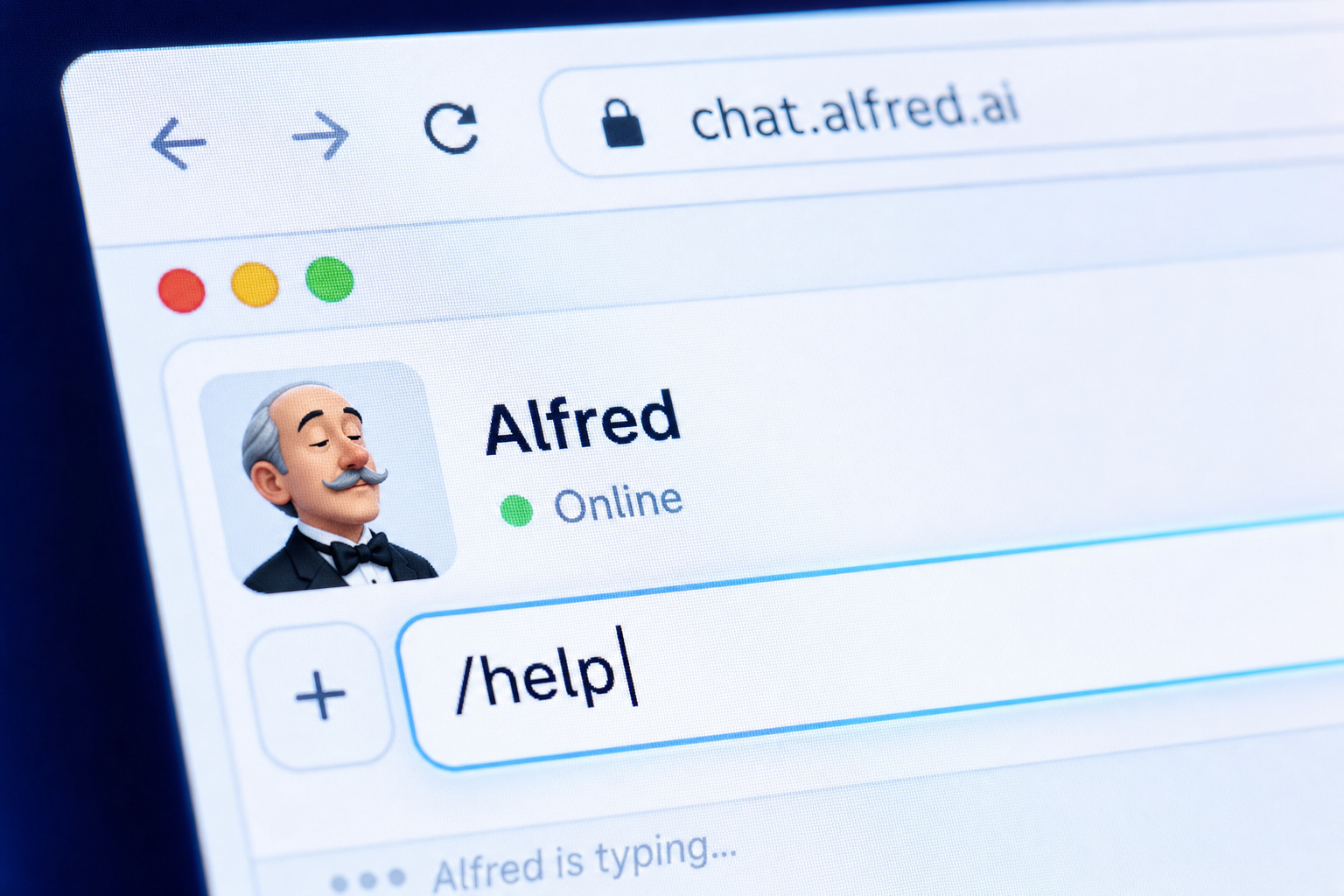 Browser chat interface showing the /help command with Alfred the butler bot icon responding.