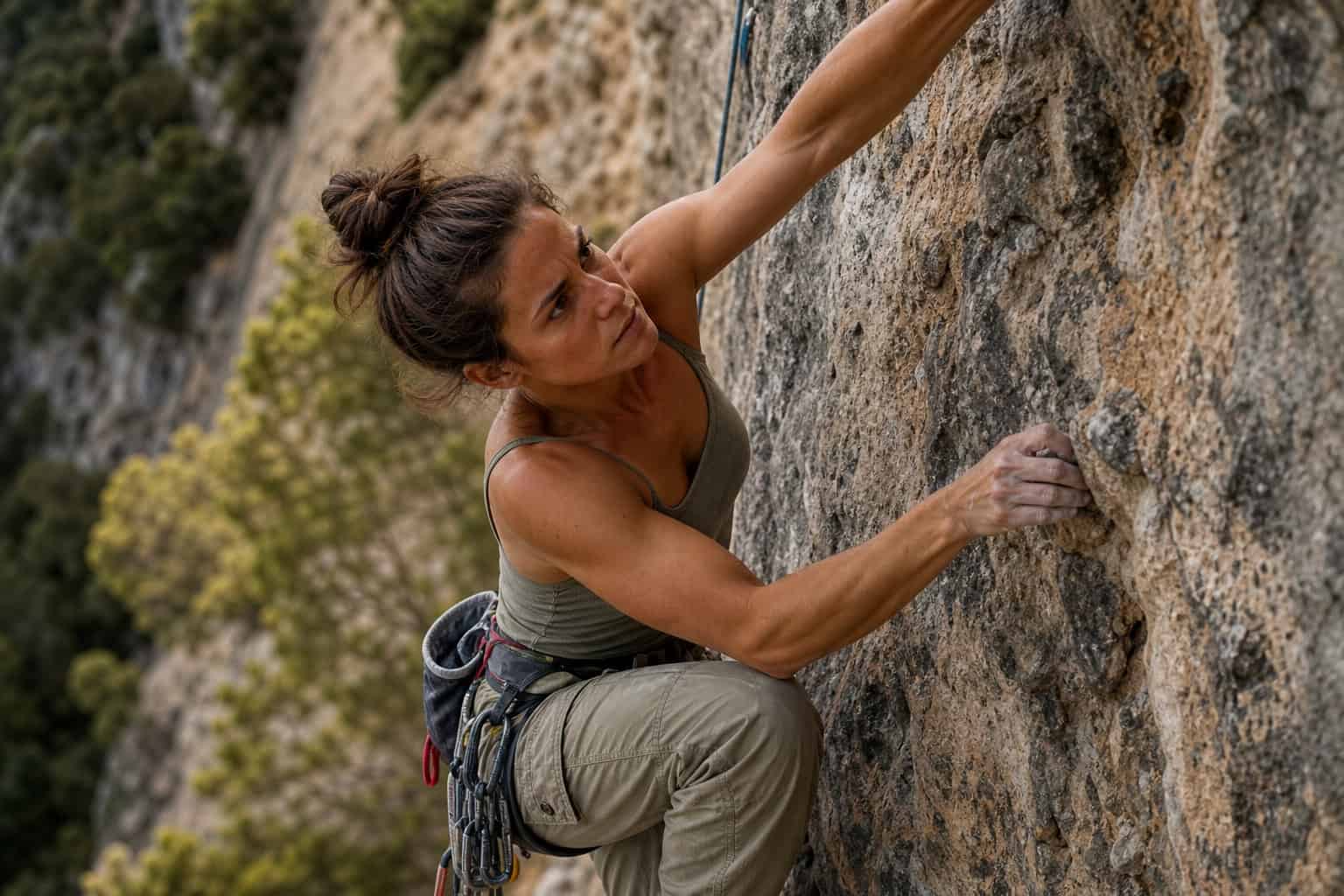 Alicia Vikander training for Tomb Raider 2018, climbing a rock wall with visible muscle definition.