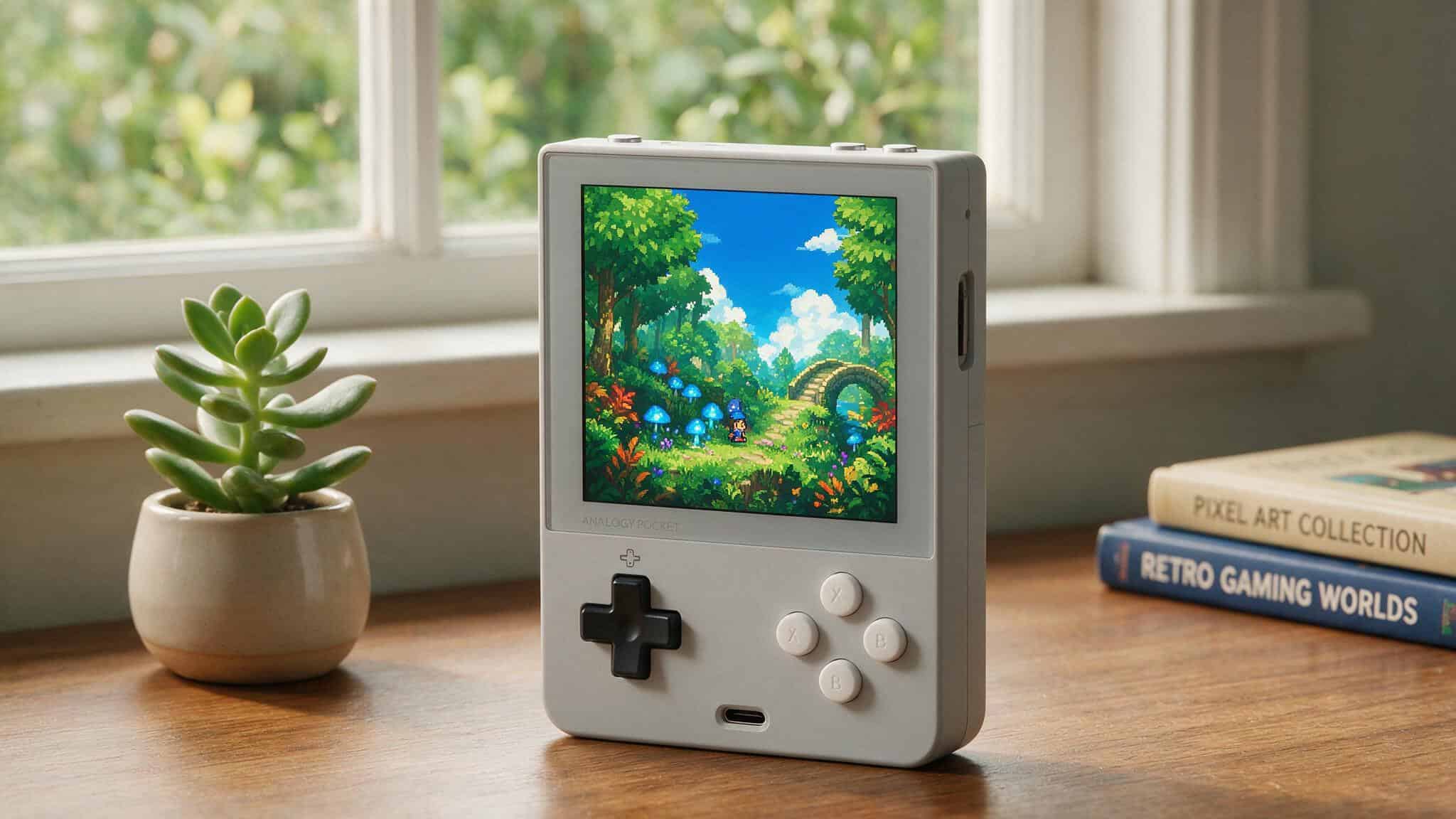 Analogue Pocket handheld console running a Game Boy Advance game, showcasing dedicated retro gaming hardware.