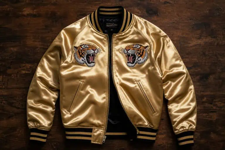 Luxurious gold satin bomber jacket featuring detailed tiger embroidery on the chest, black and gold striped collar, cuffs, and waistband, laid on a wooden surface.