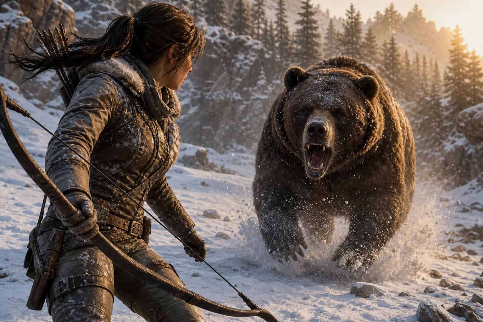 Does Outfit Choice Matter in Rise of the Tomb Raider? Yes — Here's How 4 Lara Croft in the Apex Predator Outfit confronting a bear in the Siberian wilderness in Rise of the Tomb Raider.