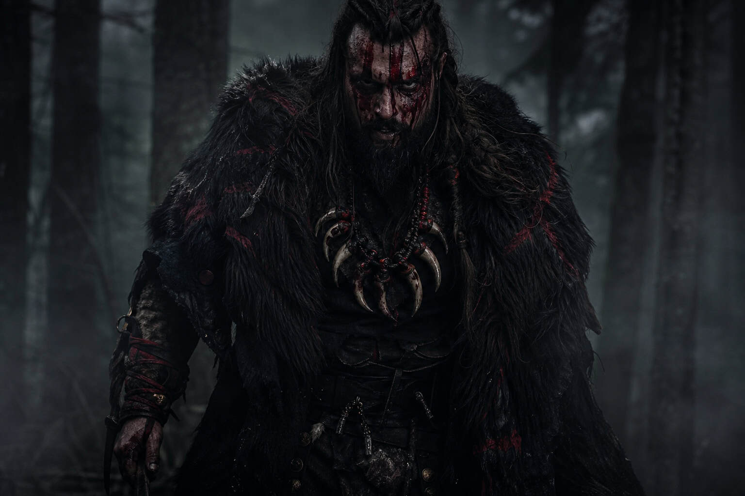 Apex Predator outfit with bear claw necklace and blood on the face for intimidation in predator territory.