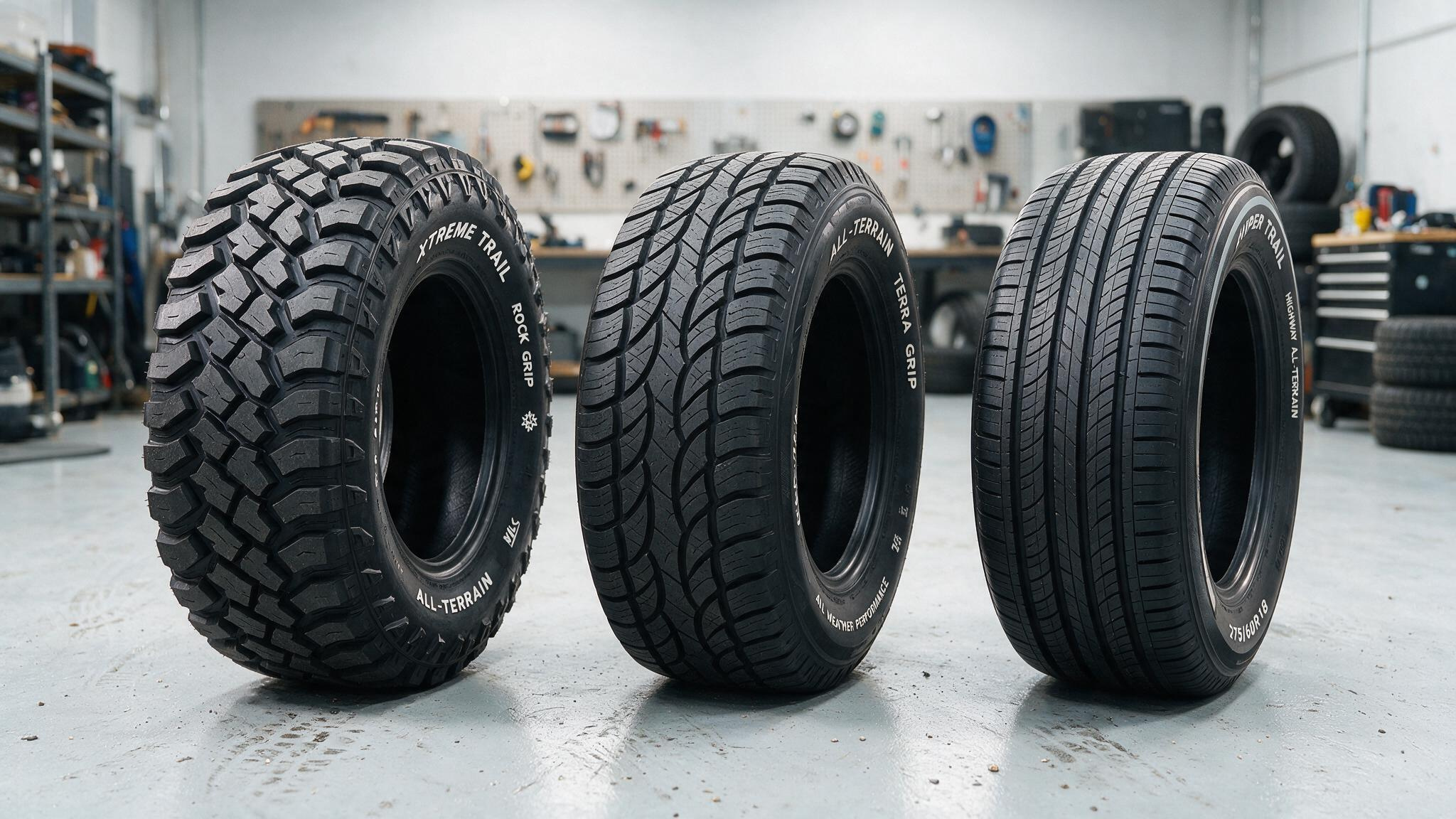 Three all-terrain tires showing different tread designs from BFGoodrich KO2, Toyo Open Country, and Falken Wildpeak.