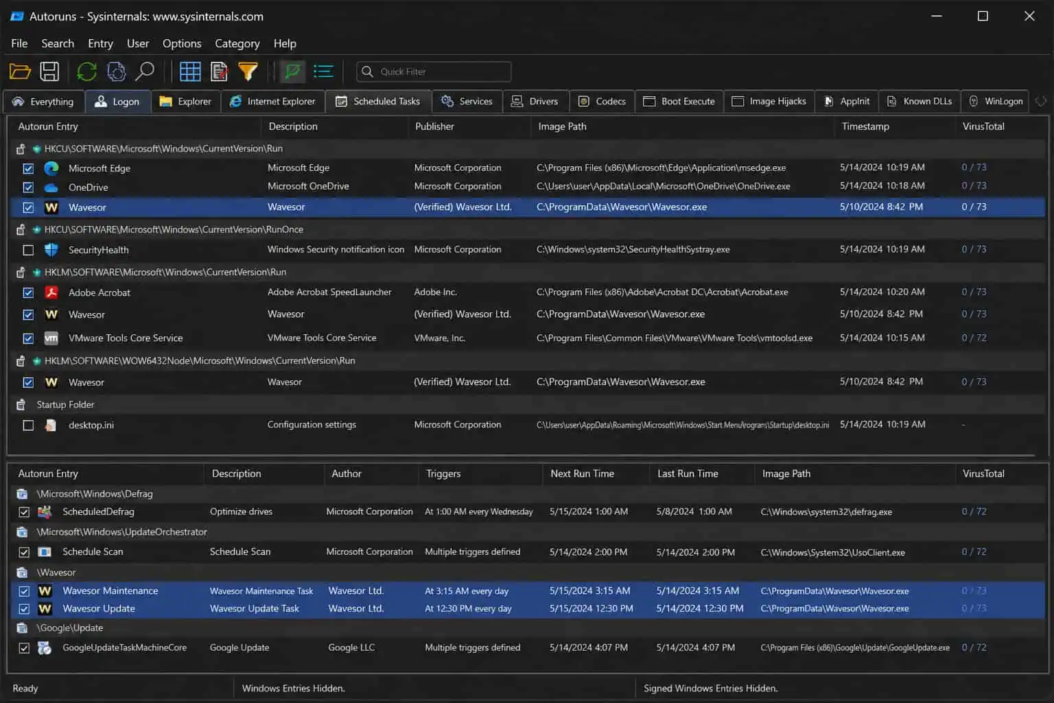 Autoruns Sysinternals tool revealing hidden Wave Browser startup entries in Logon and Scheduled Tasks tabs