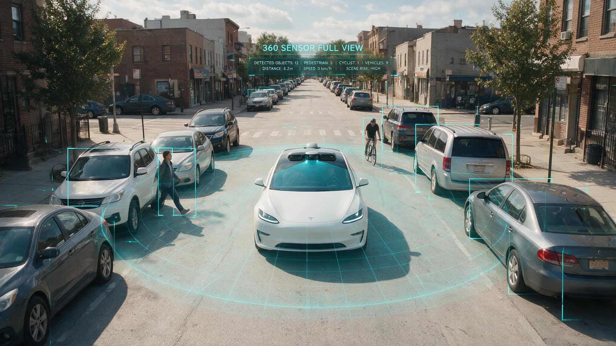 Autonomous vehicle 360-degree sensor view detecting a pedestrian and cyclist in blind spots