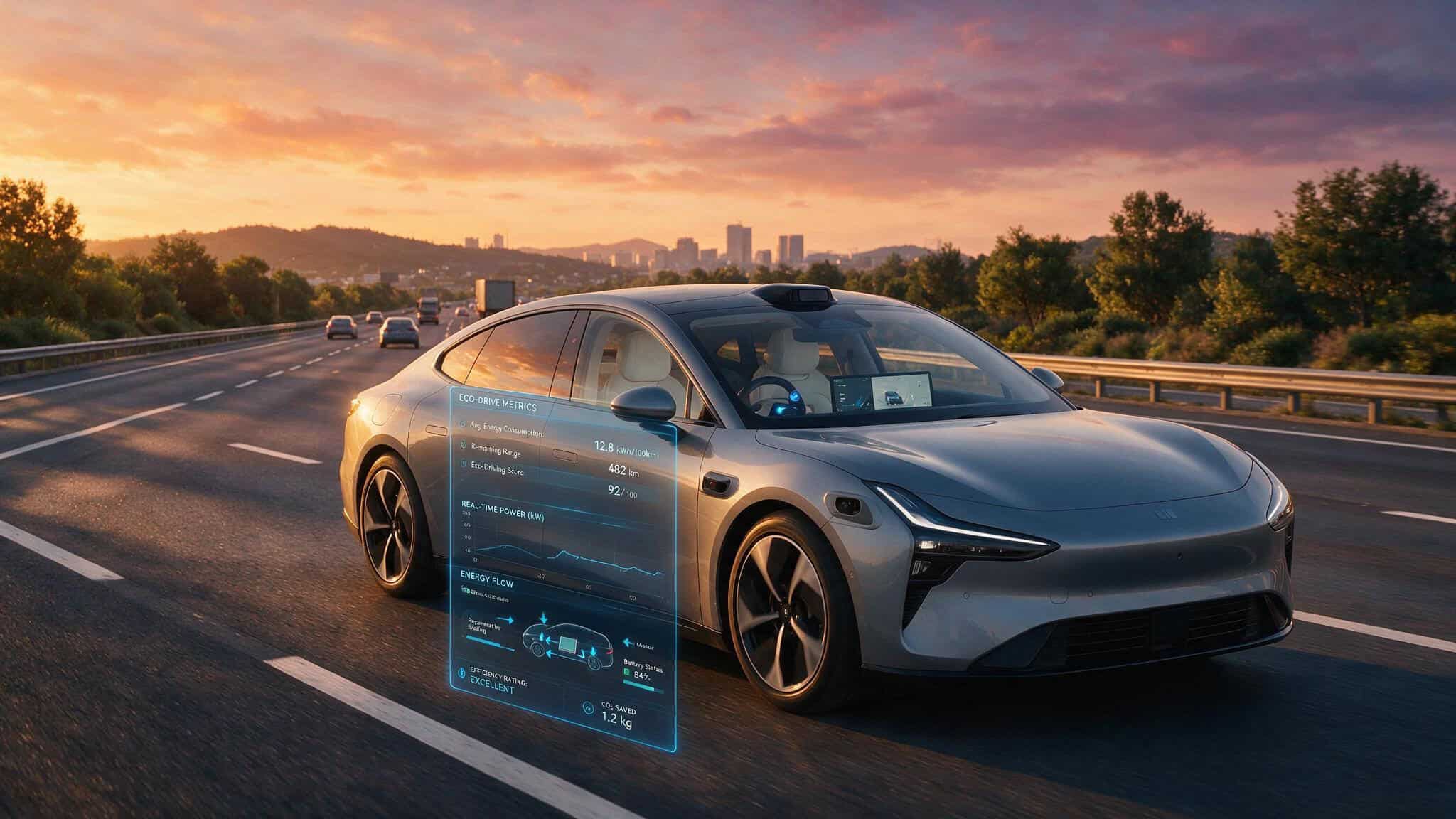 Autonomous electric vehicle driving smoothly on a highway at sunset with eco-driving metrics displayed