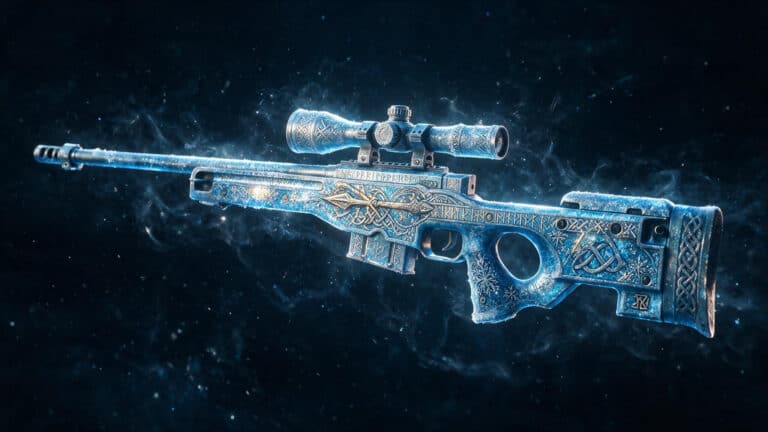 AWP Gungnir skin with icy blue Norse design and Odin's spear motif in dark void.