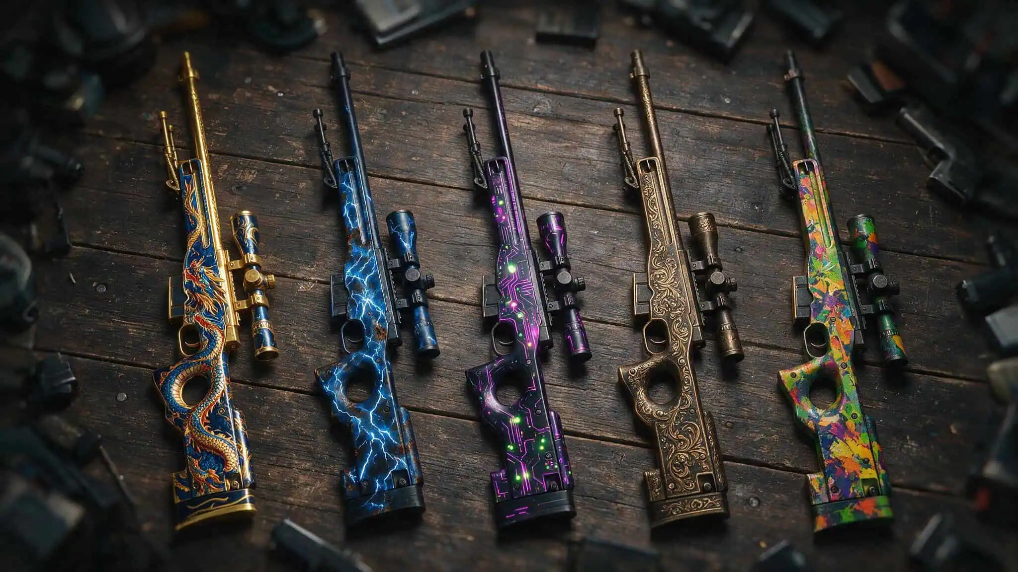 Counter-Strike AWP: Stats, Balance History, and Pro Meta in 2026 4 Flat lay of AWP skins including Dragon Lore Asiimov and Lightning Strike patterns