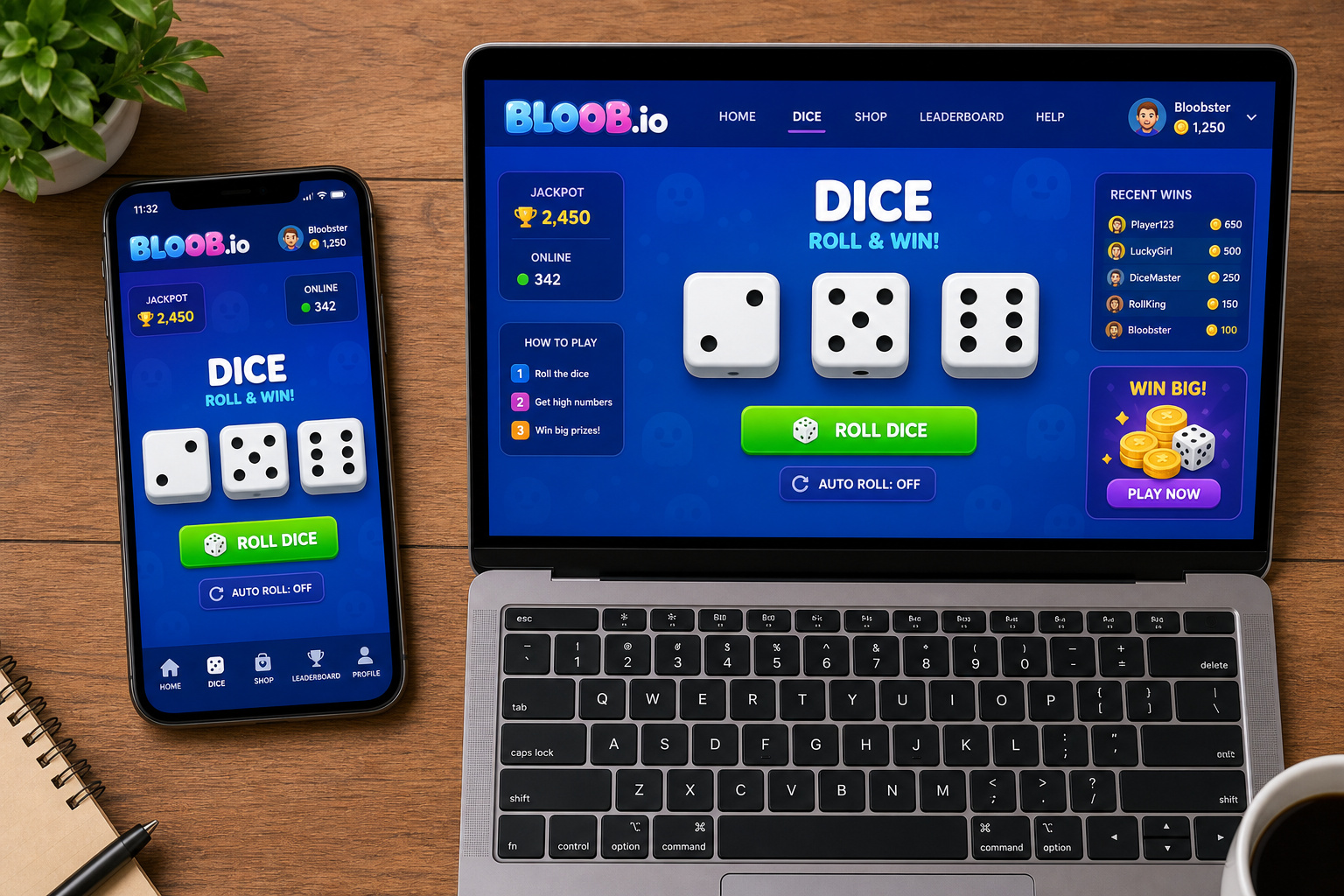 Overhead view of phone and laptop both showing Bloob.io dice game with three dice rolls per round.