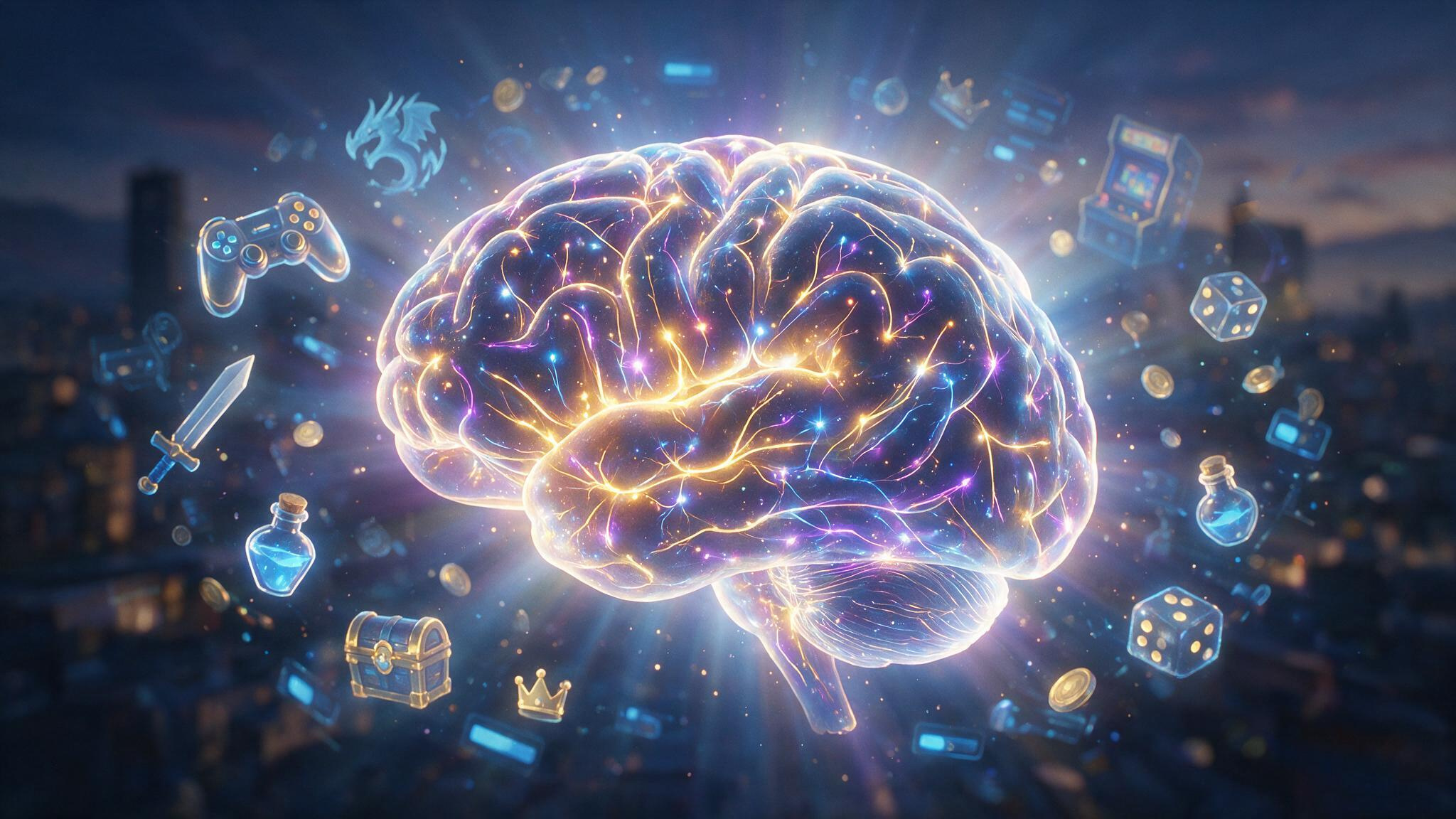 Brain with glowing neural pathways and game icons illustrating dopamine exhaustion and amygdala shutdown.