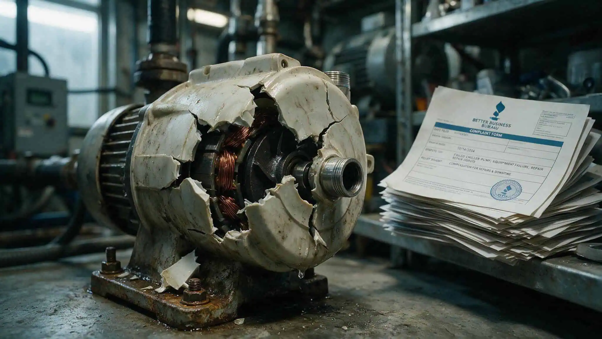 Is Nuvio Legit? 59 BBB Complaints, Trustpilot Reviews, and the Truth 2 Damaged Nuvio Chiller Pro pump with a pile of BBB complaint forms behind it, illustrating product failure patterns.