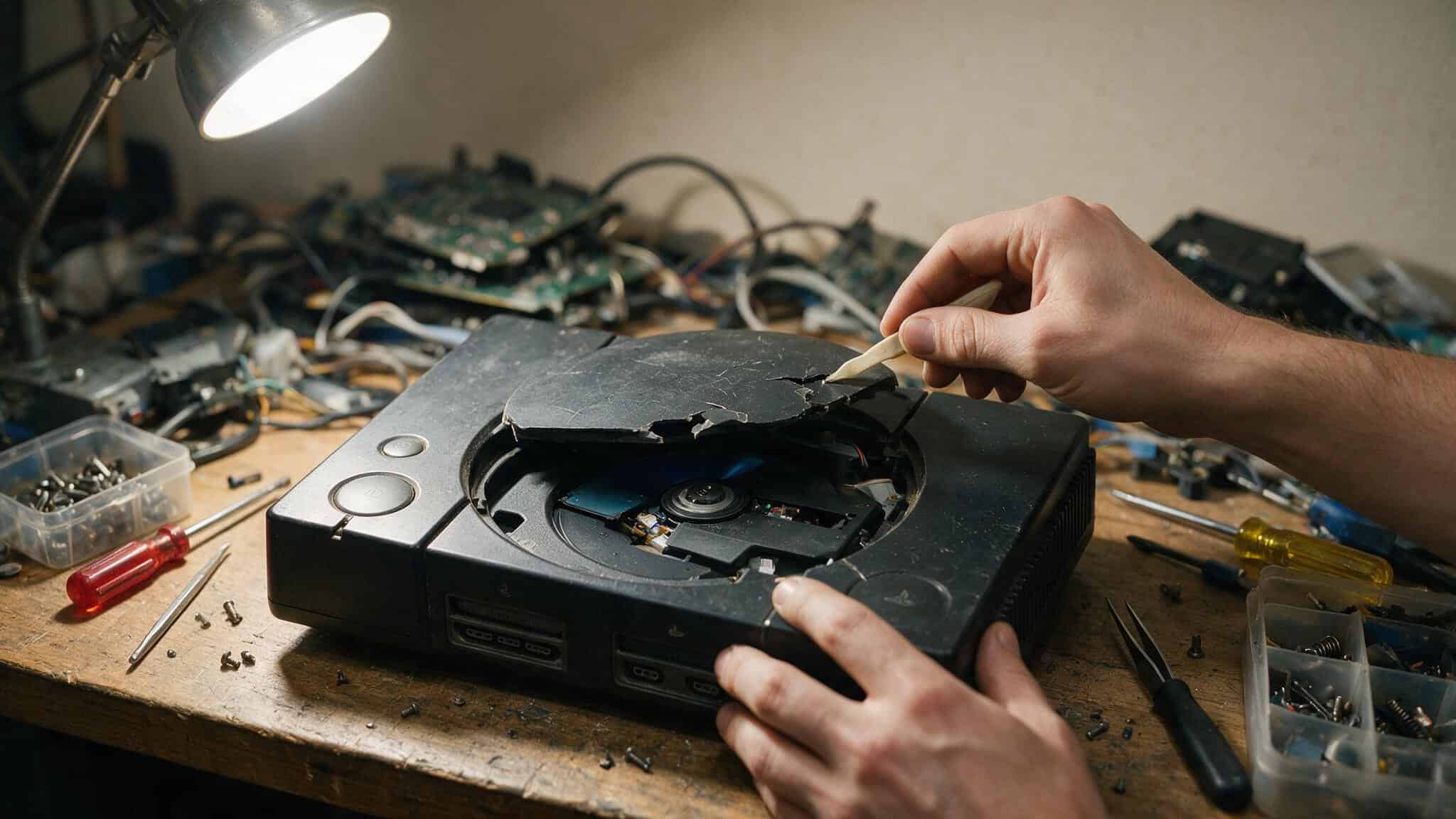 Technician inspecting a broken PlayStation 2 console with a damaged disc drive for salvageable parts.