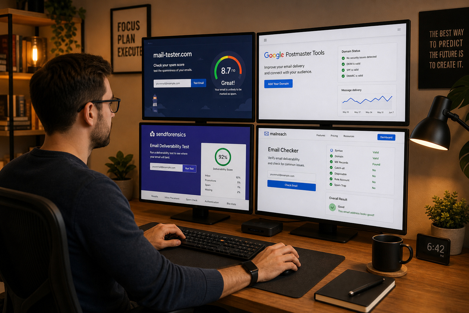 Free Email Scammer Check: 4 Steps to Catch Phishing Without Paying 6 Person at a desk with four monitors displaying different email verification and reputation tools.