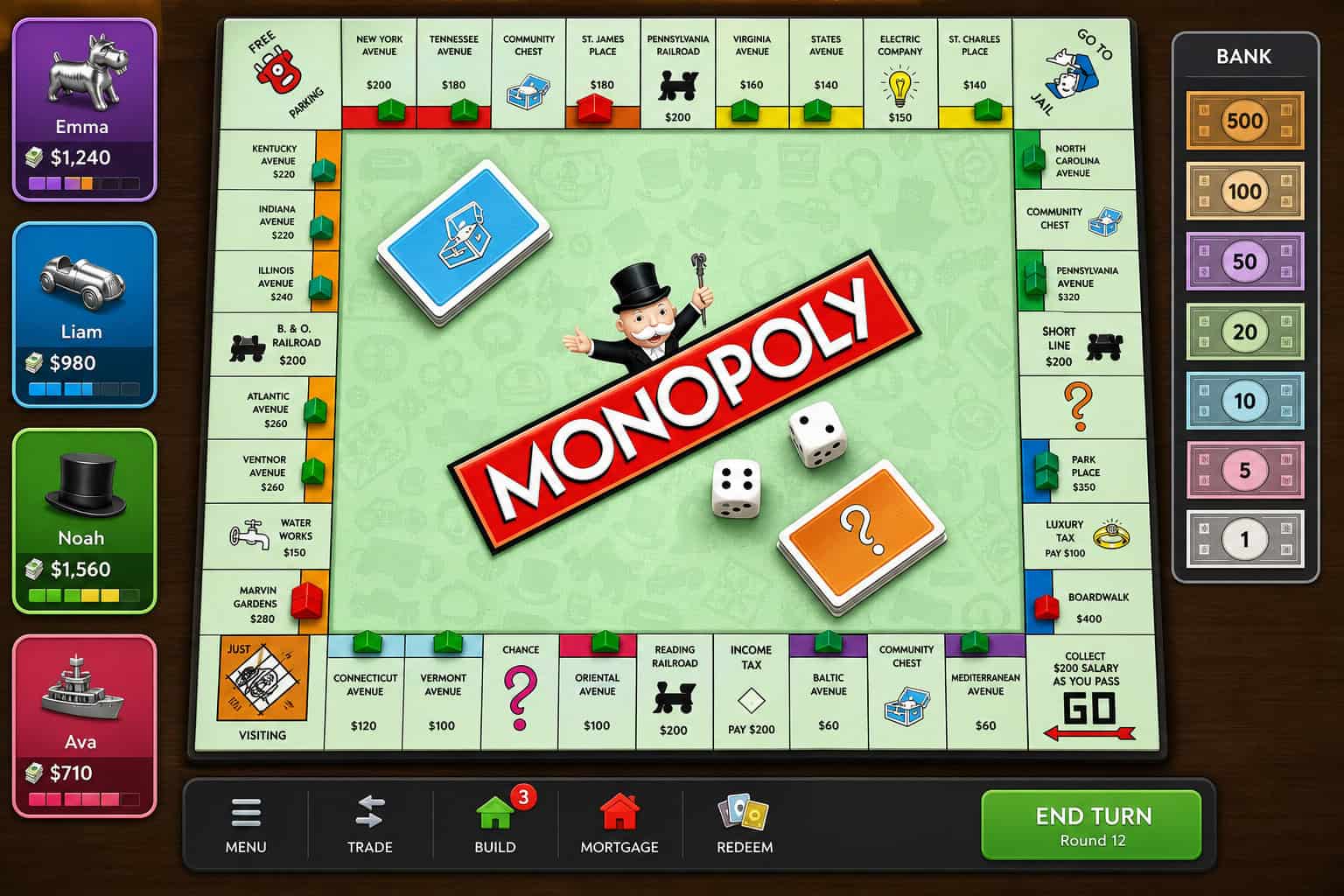 Social Games to Play with Friends: Gidd.io vs CrazyGames for Inside Jokes 3 A colorful Monopoly game board with property spaces, game pieces, and dice, showcasing a traditional board game setup for family fun and entertainment.