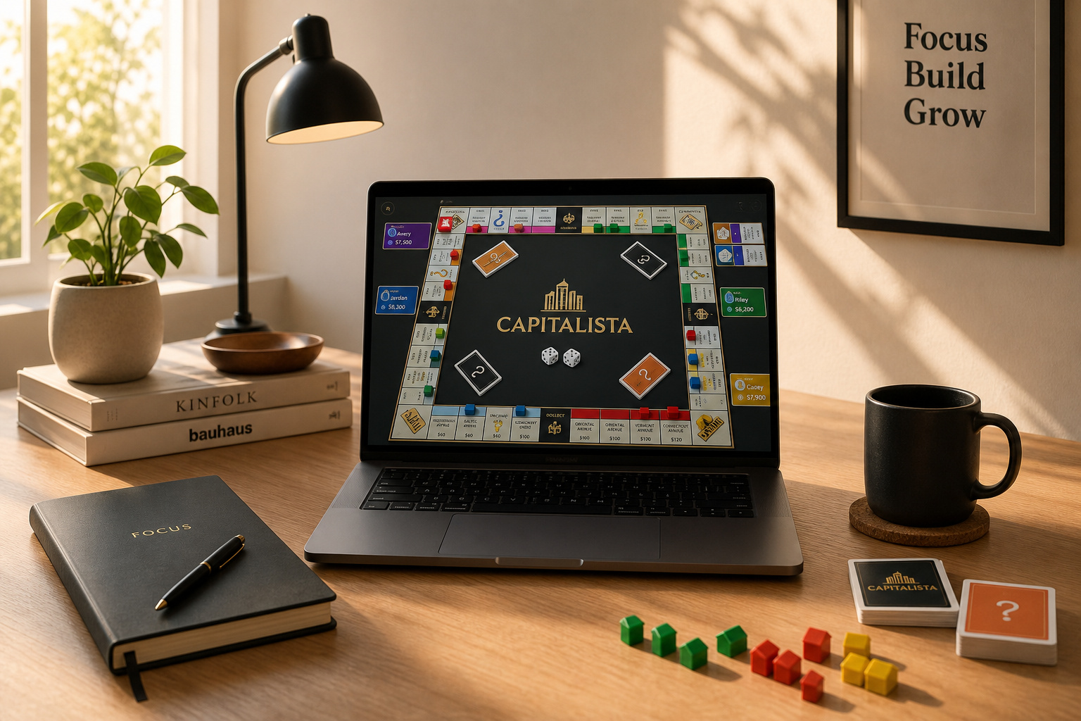 Laptop displaying Gidd.io Capitalista game with property tiles, hotels, and player tokens.