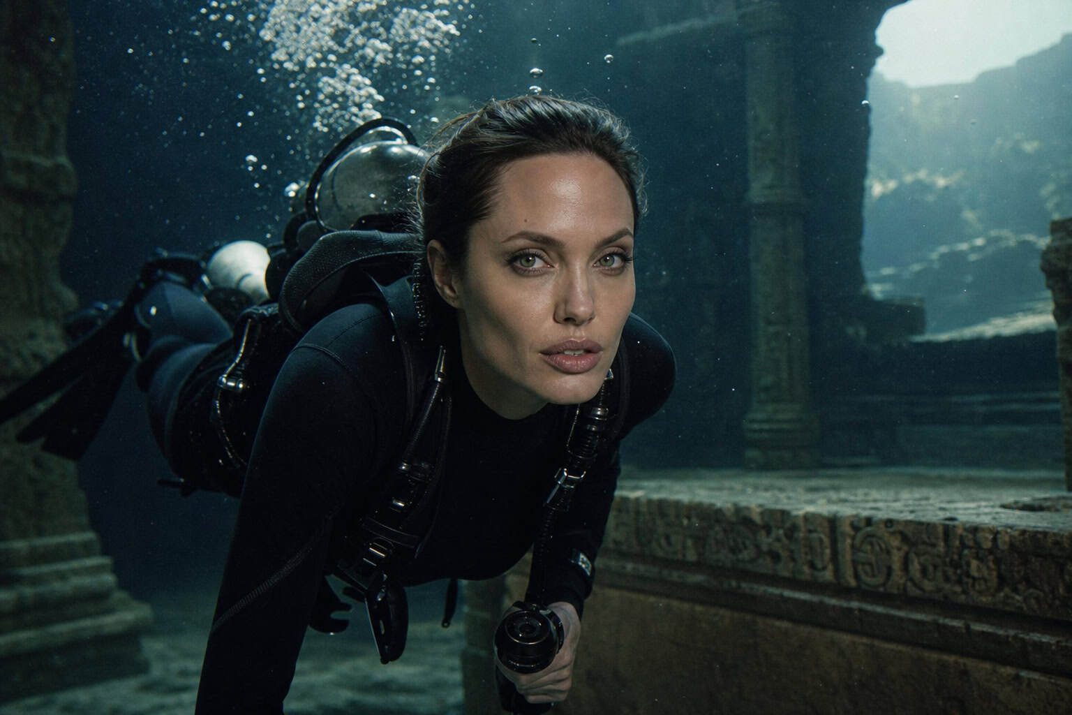 Angelina Jolie in a black wetsuit during the underwater tomb sequence in Lara Croft Tomb Raider 2001.