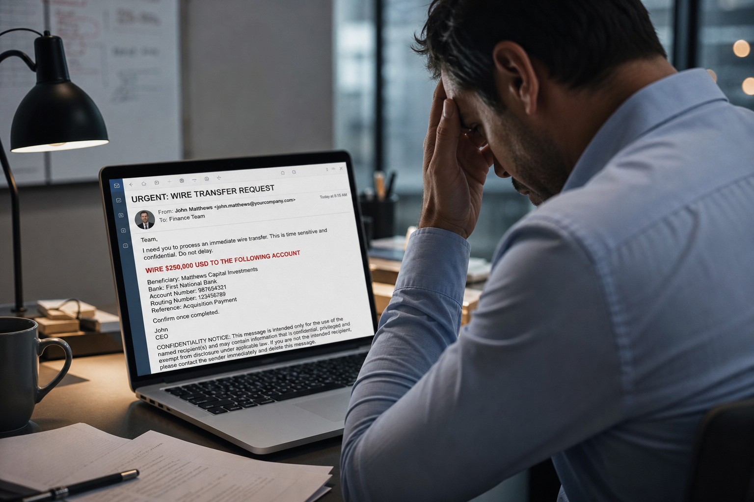 How to Tell If It's a Scammer Email: 7 Red Flags That Go Beyond the Obvious 6 Stressed employee at a laptop viewing a fake CEO email demanding an urgent wire transfer.