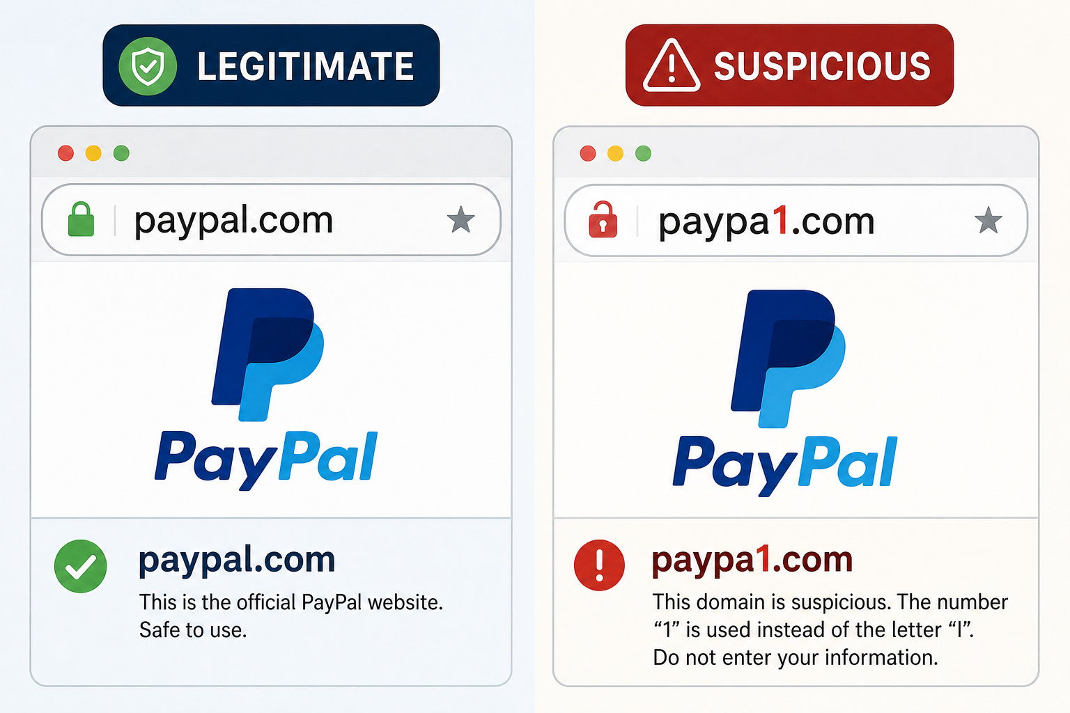How to Identify a Fake Email Address: 12 Geeky Telltale Signs 8 Character substitution trick showing paypal.com versus paypa1.com with the number 1 highlighted.