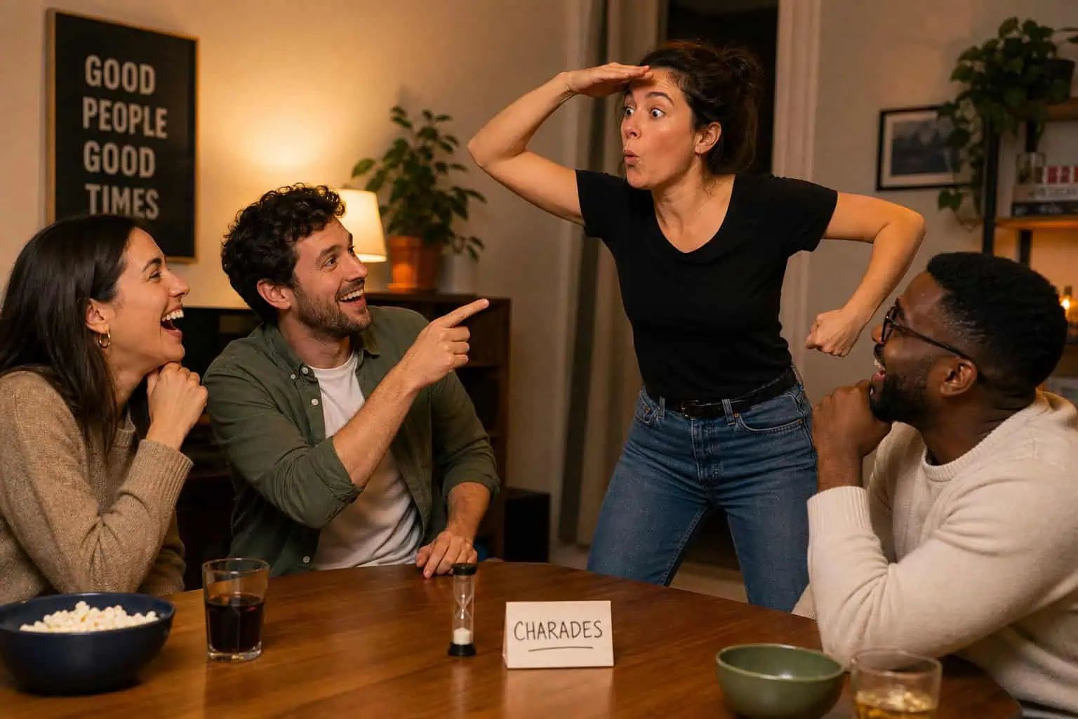 10 Free Online Party Games for Adults That Actually Work (Ranked) 10 A woman acting out charades while three friends laugh and watch in a cozy indoor setting, with a sign reading 'Charades' on the table.