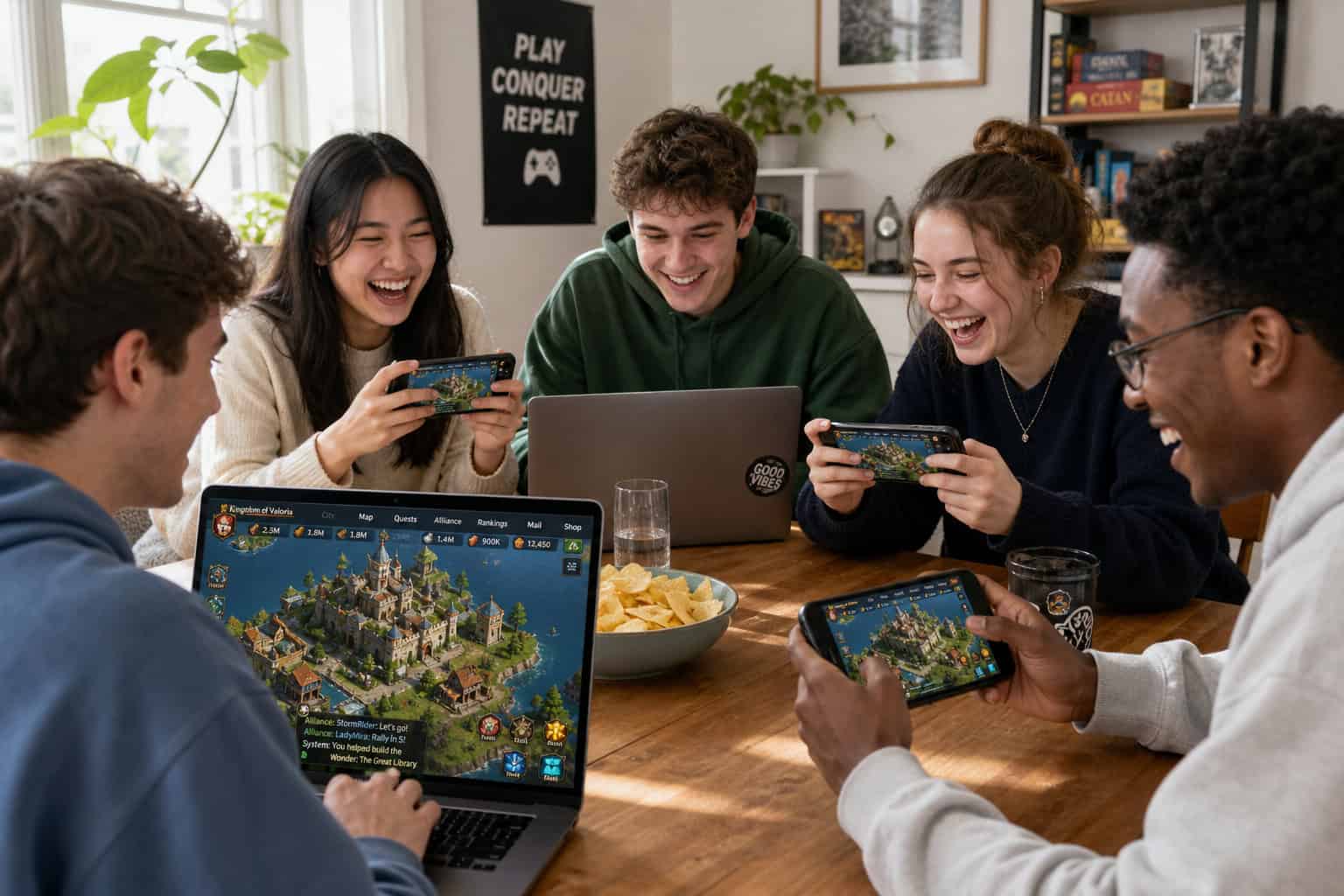 Social Games Free: 5 Platforms That Prove Zero Cost Doesn't Mean Low Quality 6 Group of diverse young adults enjoying multiplayer mobile gaming together at a cozy indoor setting.