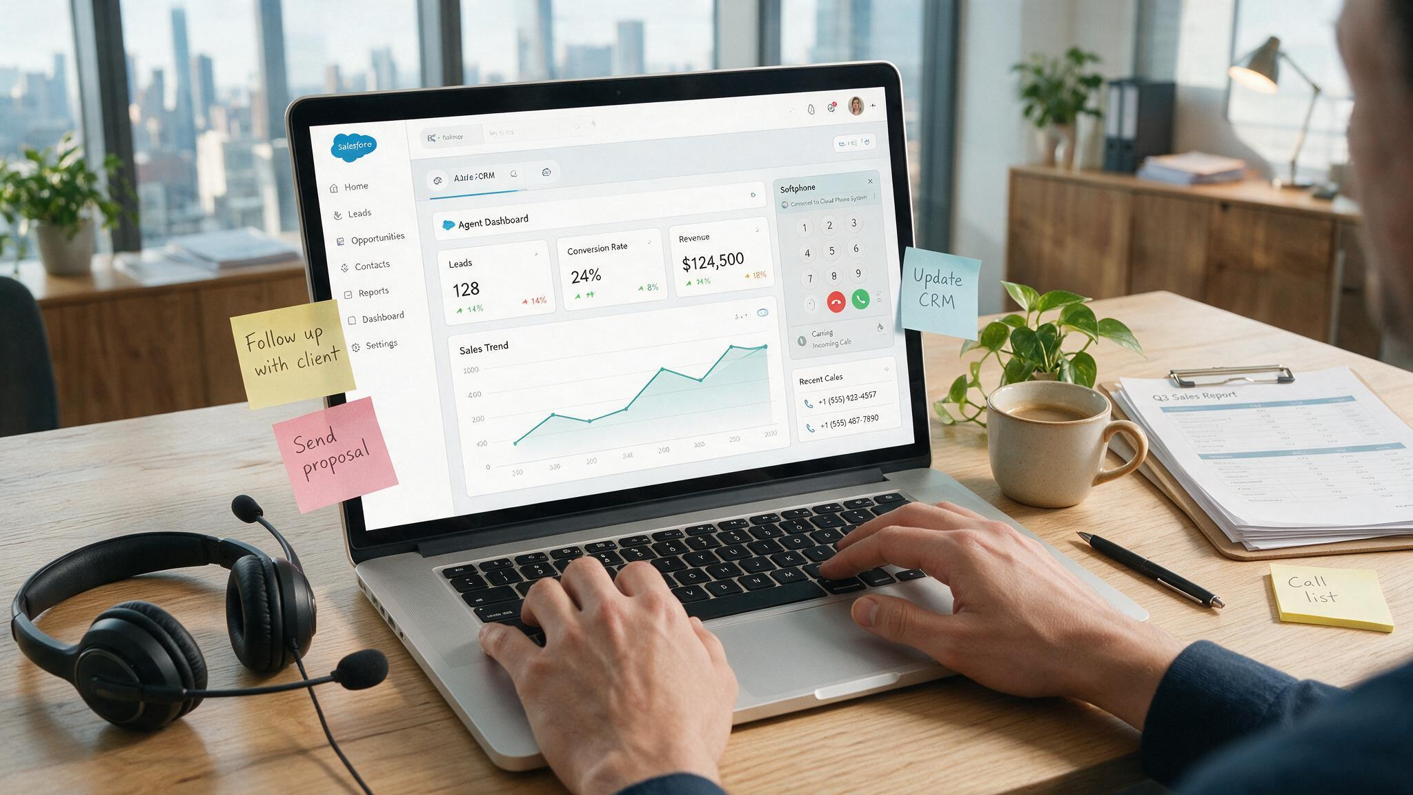 Cloud vs On-Premises Phone System: 3-Year TCO for 25 and 200 Users 4 Salesperson at desk with laptop displaying Salesforce CRM and cloud phone system integration