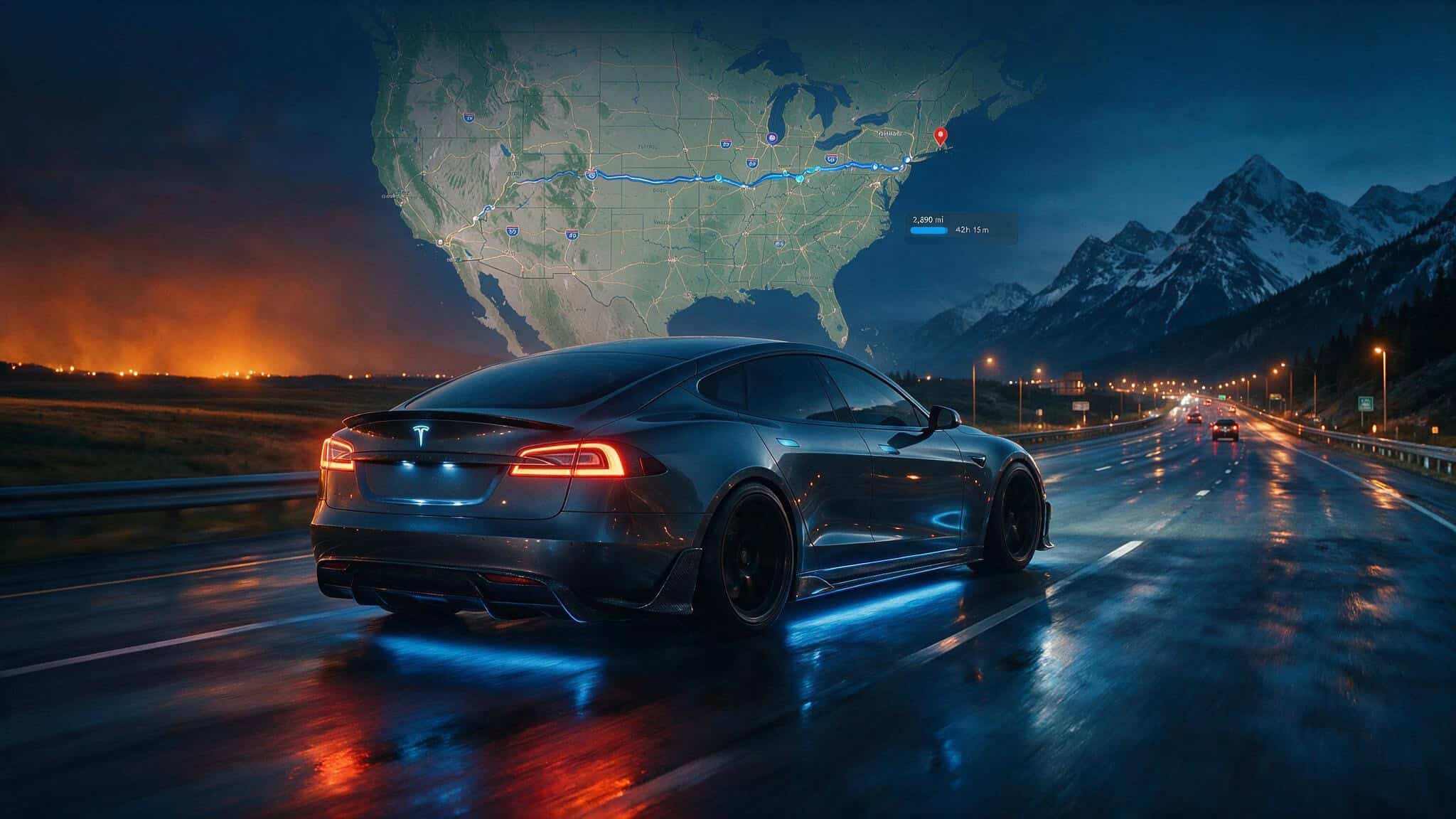 Tesla Model S on highway at night with digital map showing coast-to-coast route from California to New York