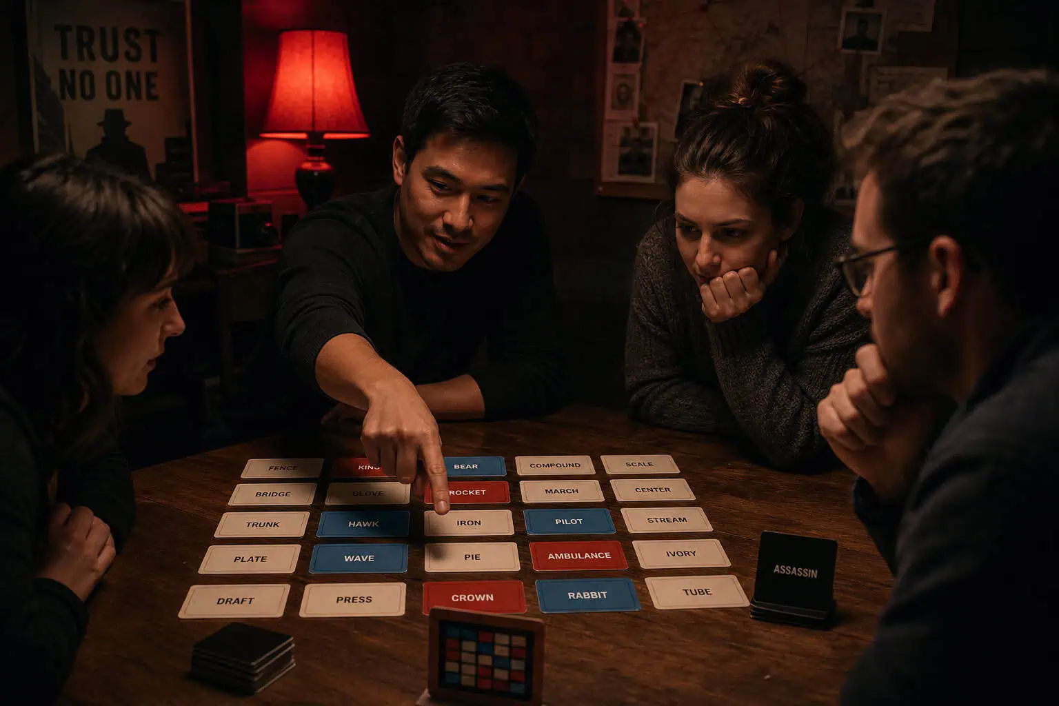 Best Social Party Games for Large Groups: Tested With 25 People 6 Four people playing Clue board game at a dimly lit table, engaging in strategic discussion and pointing at game cards, with a red lamp and posters in the background.
