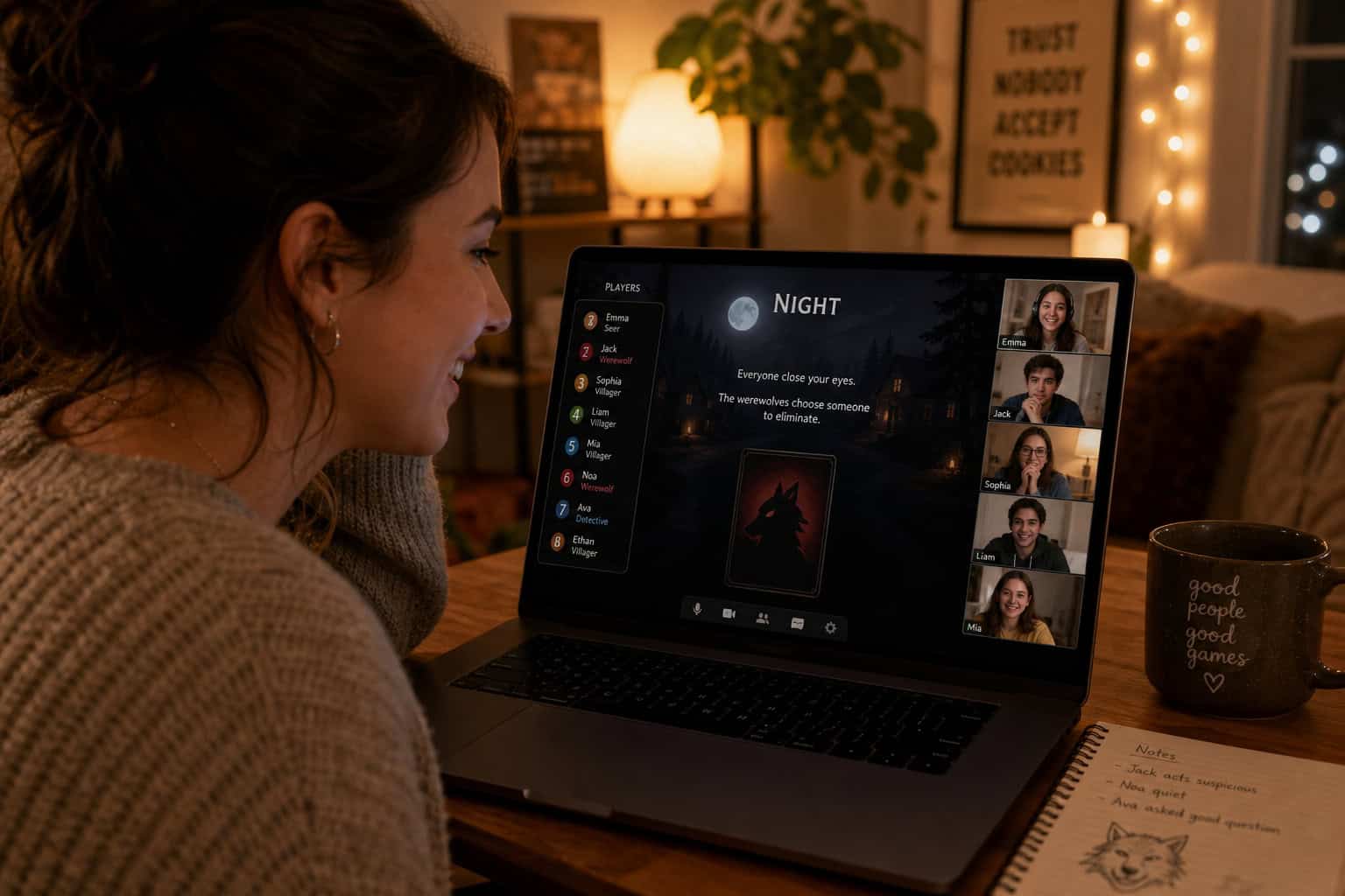 Social Games Free: 5 Platforms That Prove Zero Cost Doesn't Mean Low Quality 10 A woman smiling during a video conference on her laptop in a cozy, warmly lit room with decorative lights and a mug nearby.