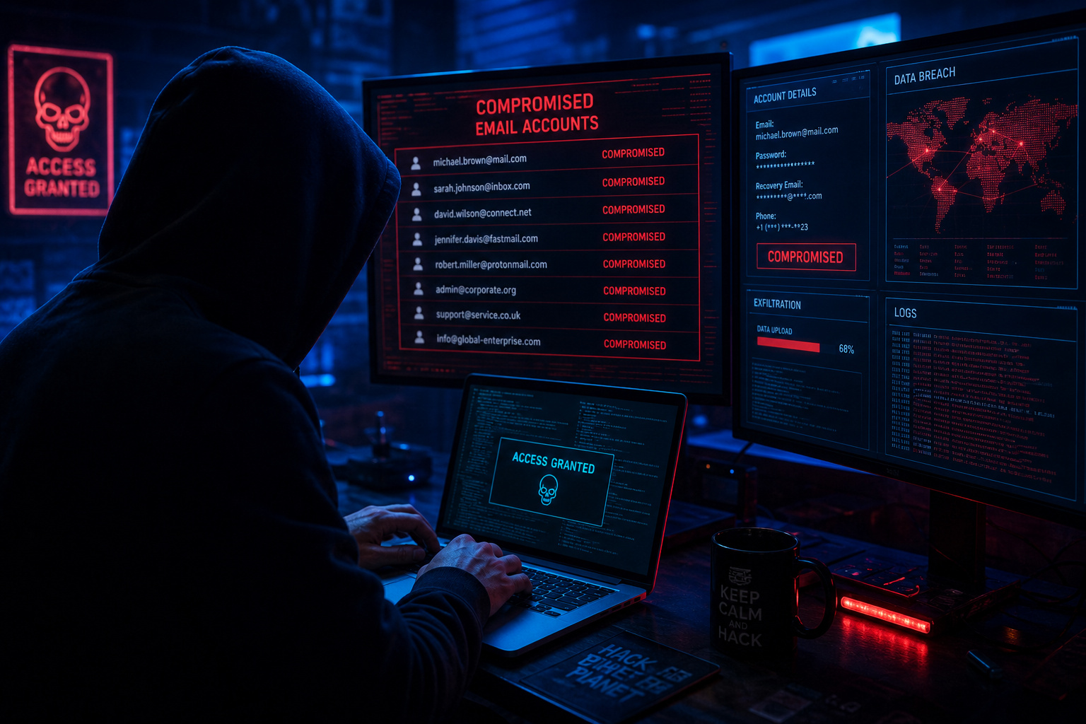 Free Email Scammer Check: 4 Steps to Catch Phishing Without Paying 3 Hacker at laptop with screens showing compromised email accounts used for phishing.