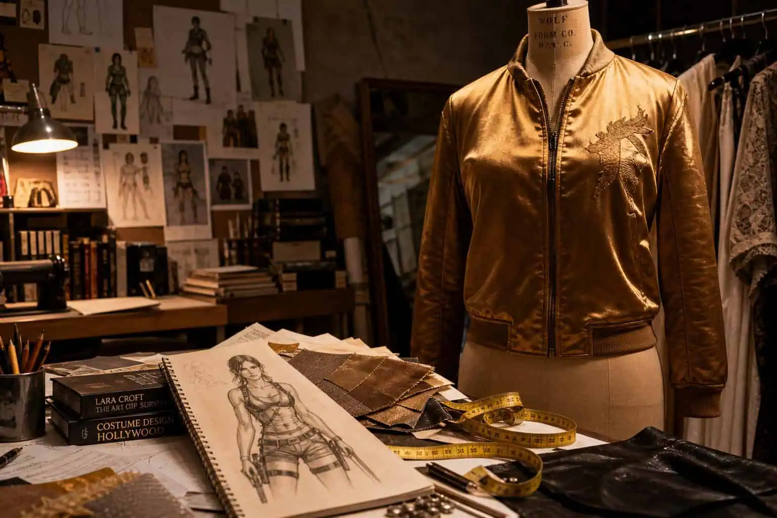 Costume design workspace with measuring tape, Lara Croft sketch, and golden satin jacket on a mannequin.